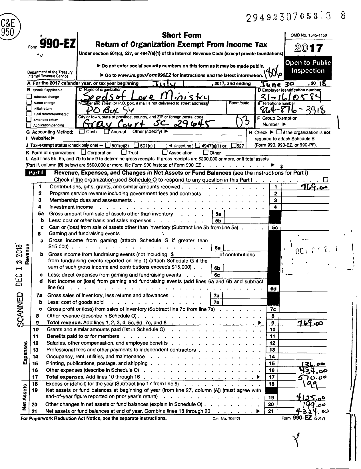 Image of first page of 2017 Form 990EZ for Seeds of Love Ministry