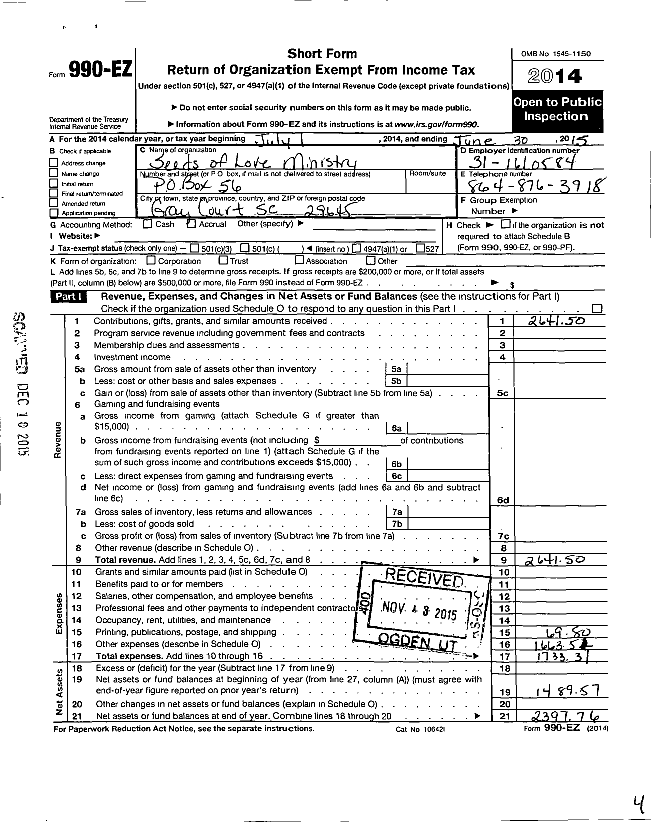 Image of first page of 2014 Form 990EO for Seeds of Love Ministry