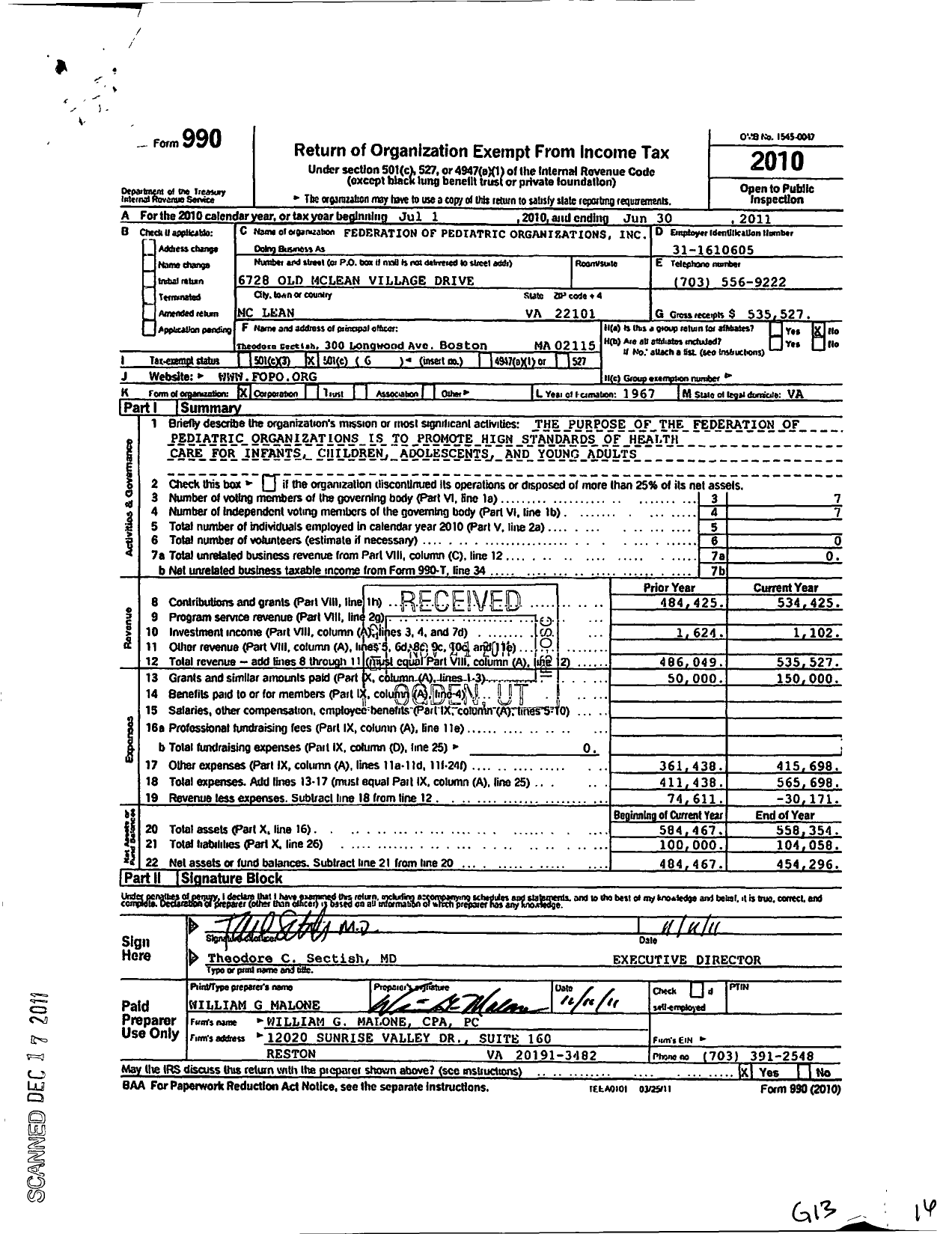 Image of first page of 2010 Form 990O for Federation of Pediatric Organizations