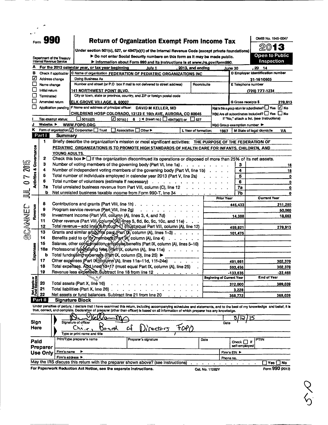 Image of first page of 2013 Form 990O for Federation of Pediatric Organizations