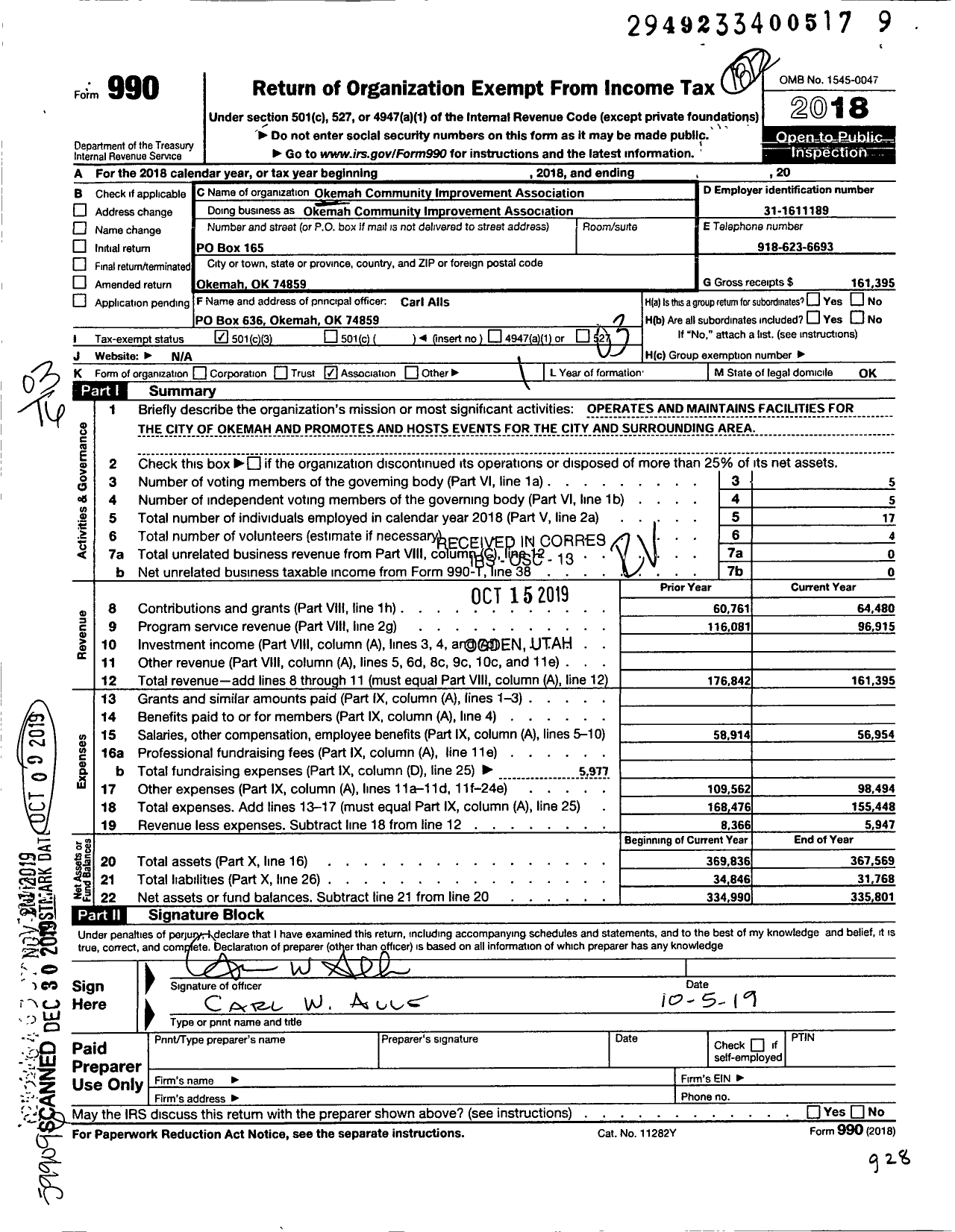 Image of first page of 2018 Form 990 for Okemah Community Improvement Association