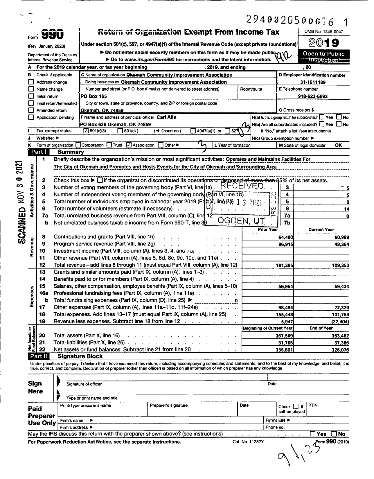 Image of first page of 2019 Form 990 for Okemah Community Improvement Association