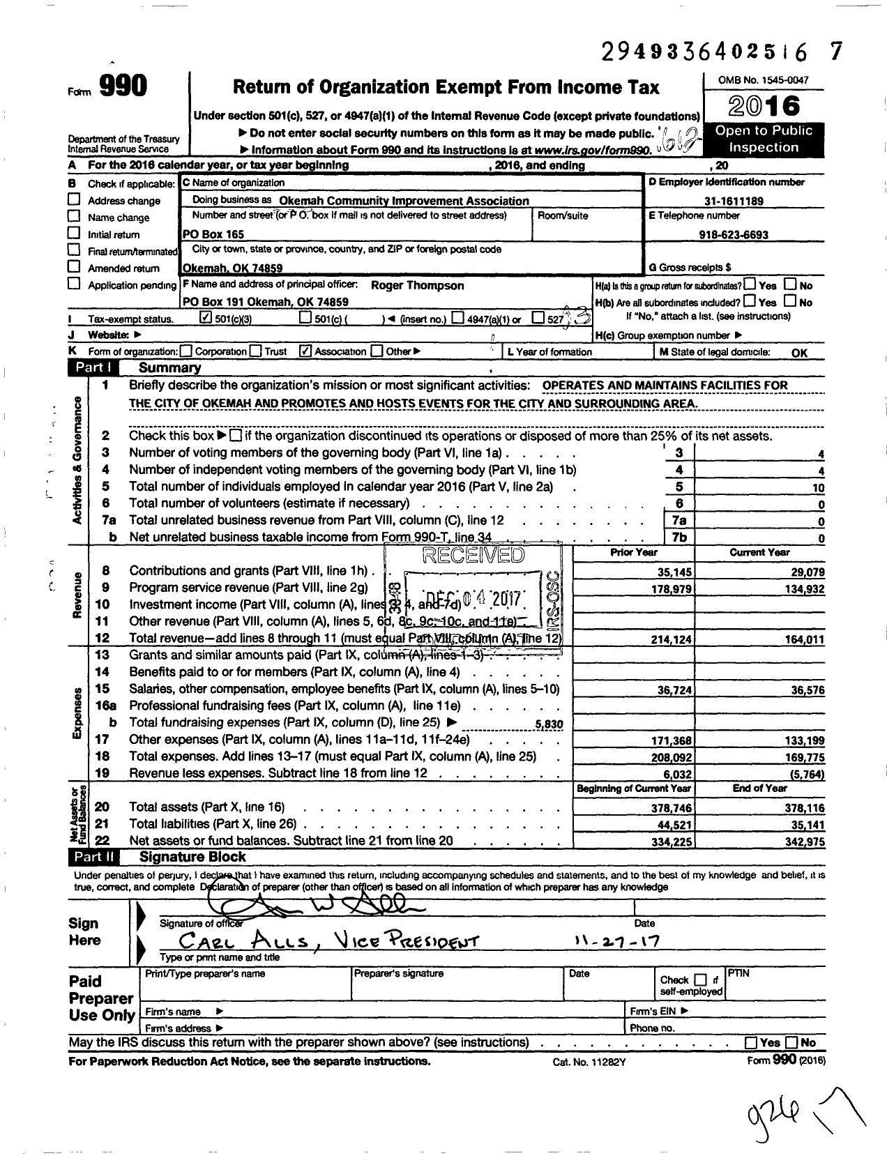 Image of first page of 2016 Form 990 for Okemah Community Improvement Association