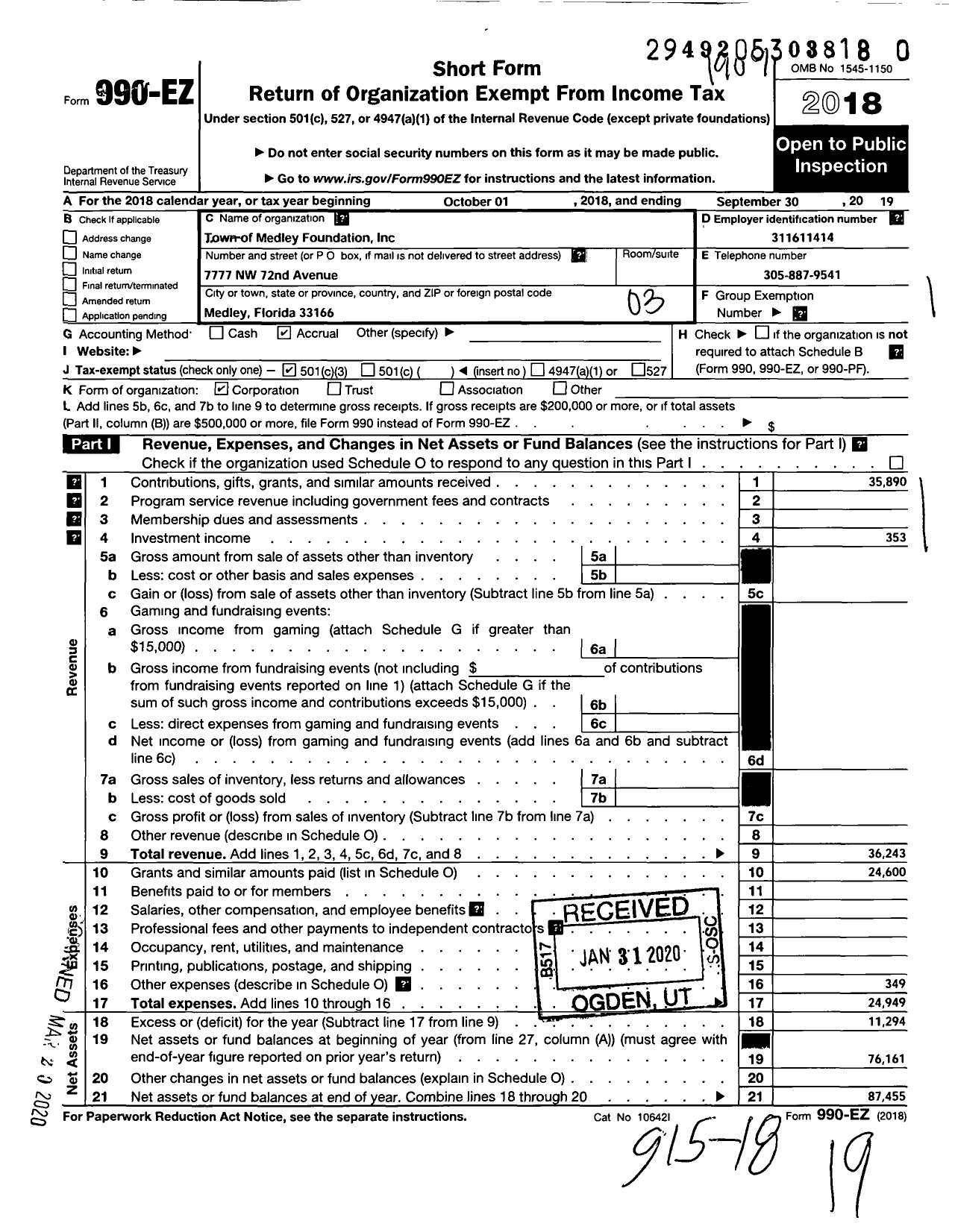 Image of first page of 2018 Form 990EZ for Town of Medley Foundation