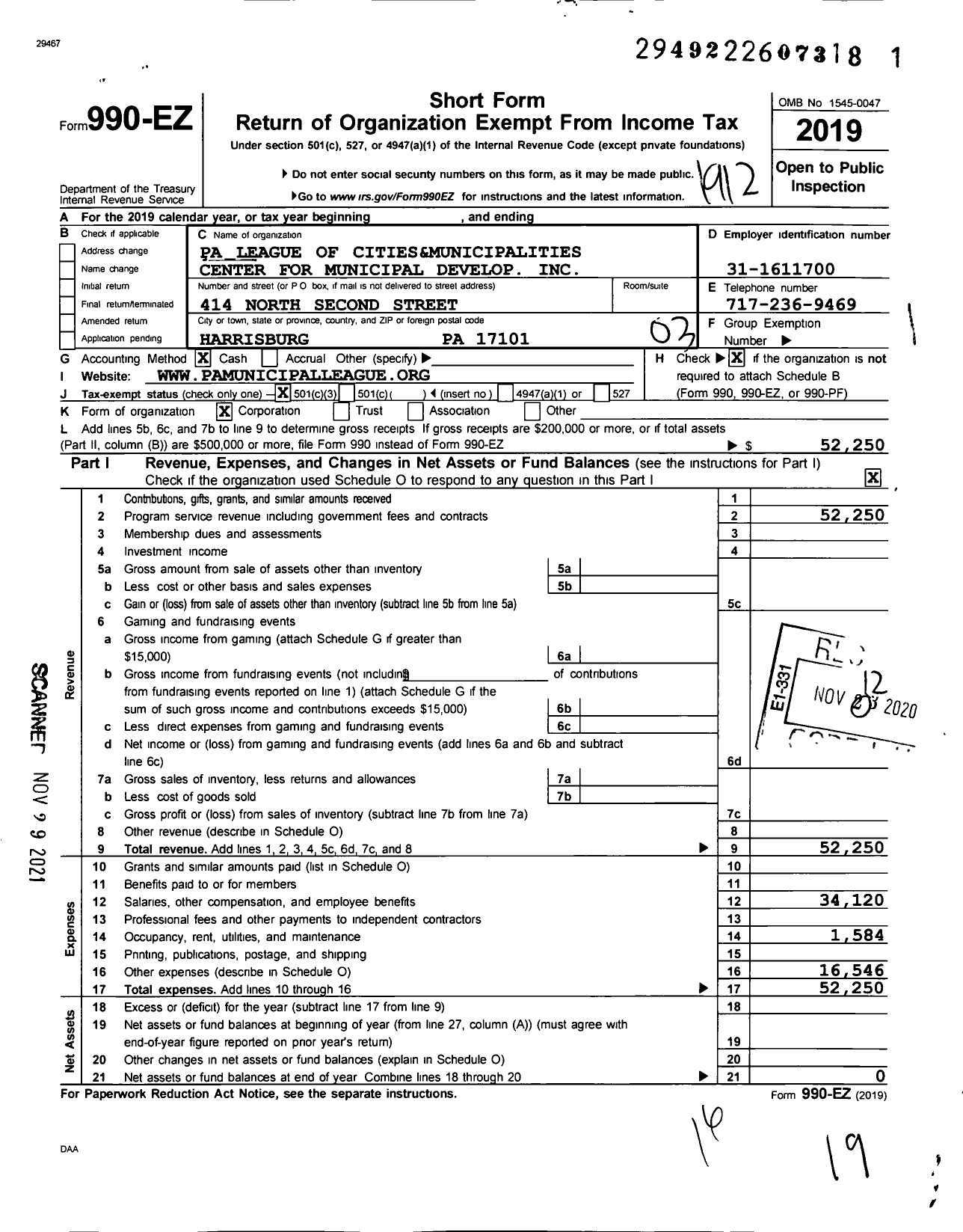 Image of first page of 2019 Form 990EZ for The Richard J Schuettler Center for Municipal Development