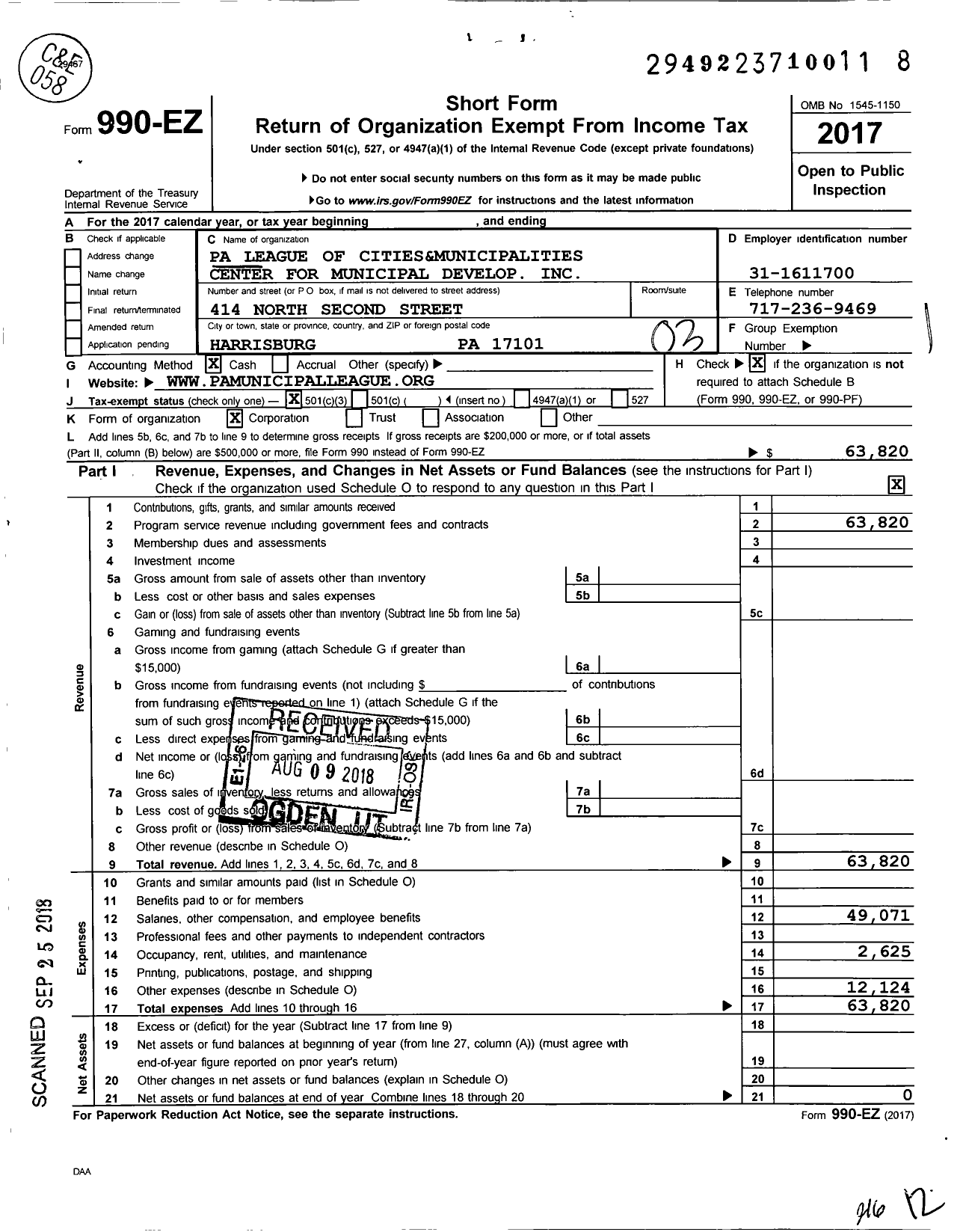 Image of first page of 2017 Form 990EZ for The Richard J Schuettler Center for Municipal Development