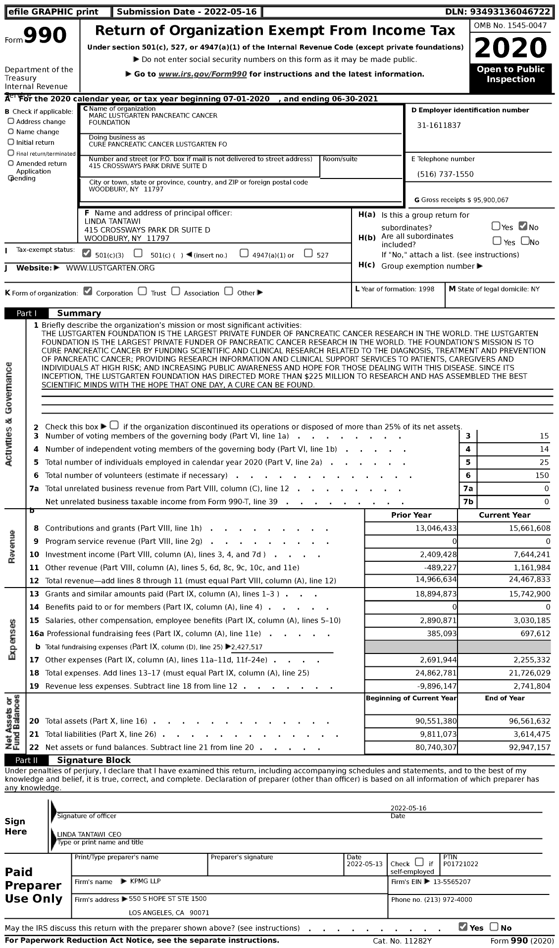 Image of first page of 2020 Form 990 for Lustgarten Foundation