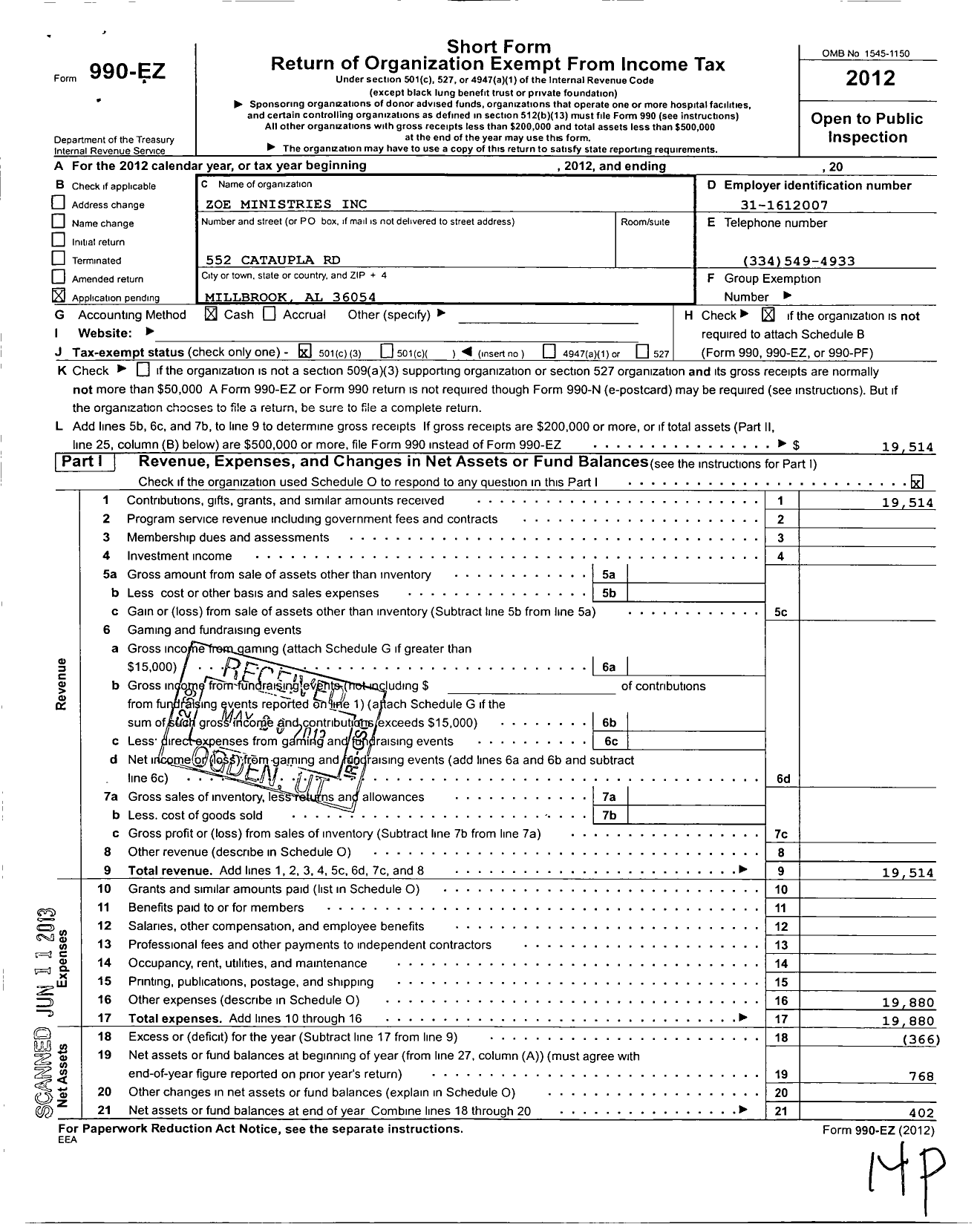 Image of first page of 2012 Form 990EZ for Zoe Ministries