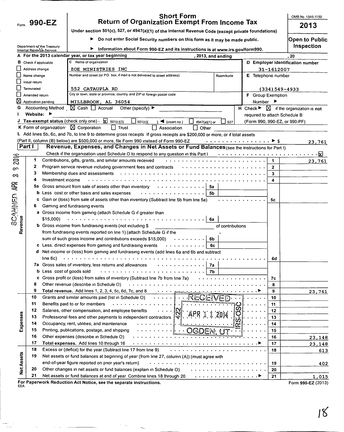 Image of first page of 2013 Form 990EZ for Zoe Ministries