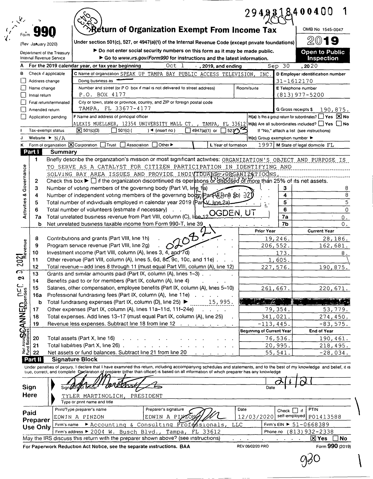 Image of first page of 2019 Form 990 for Tampa Bay Community Network