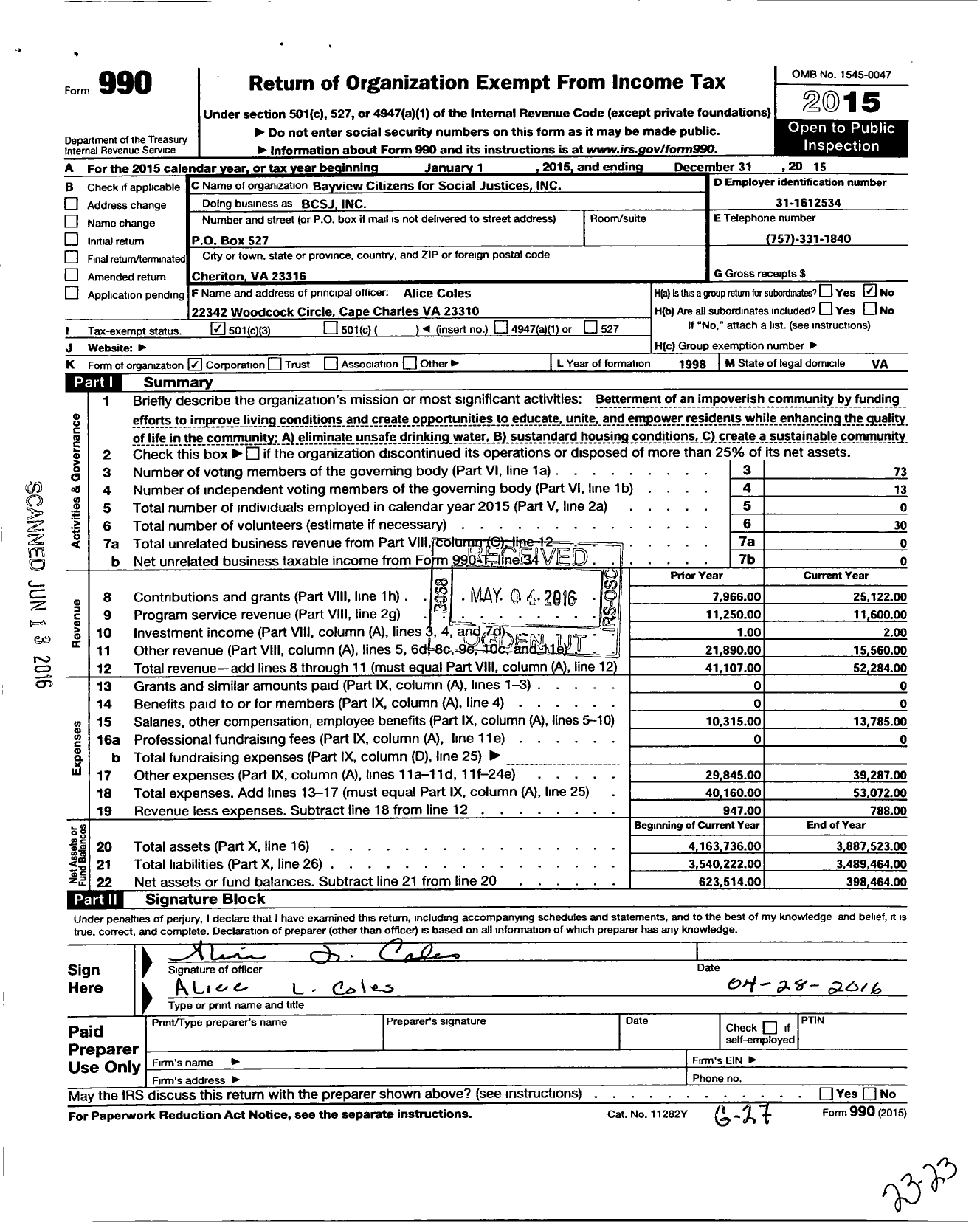 Image of first page of 2015 Form 990 for Bayview Citizens for Social Justice (BCSJ)