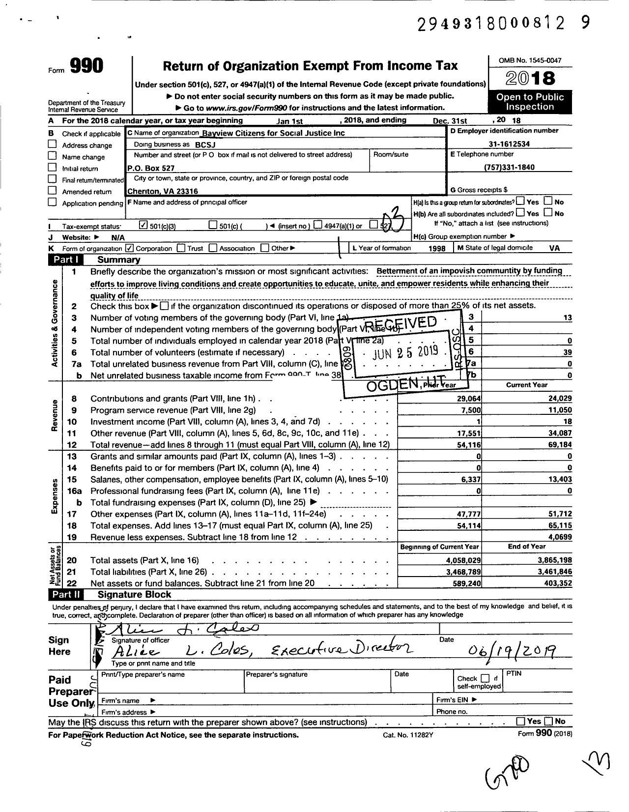 Image of first page of 2018 Form 990 for Bayview Citizens for Social Justice (BCSJ)