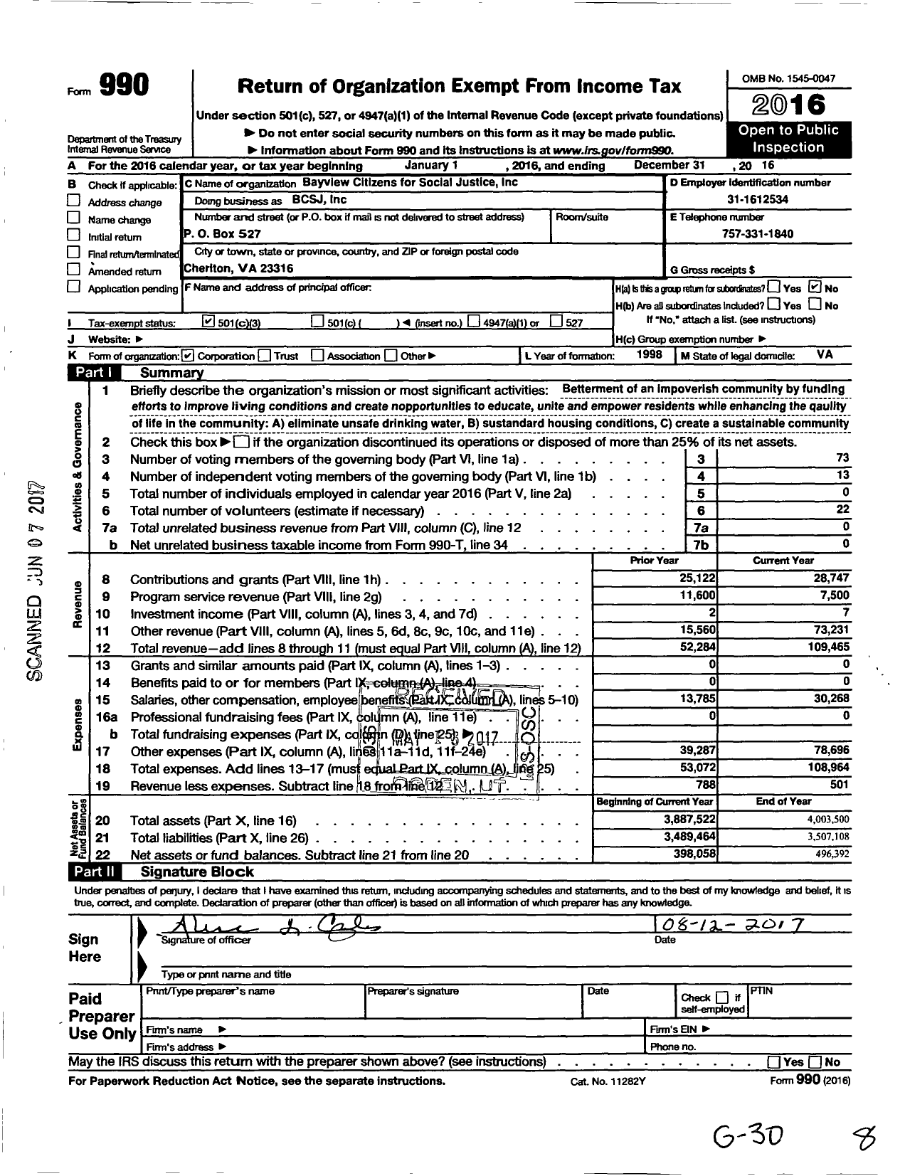 Image of first page of 2016 Form 990 for Bayview Citizens for Social Justice (BCSJ)