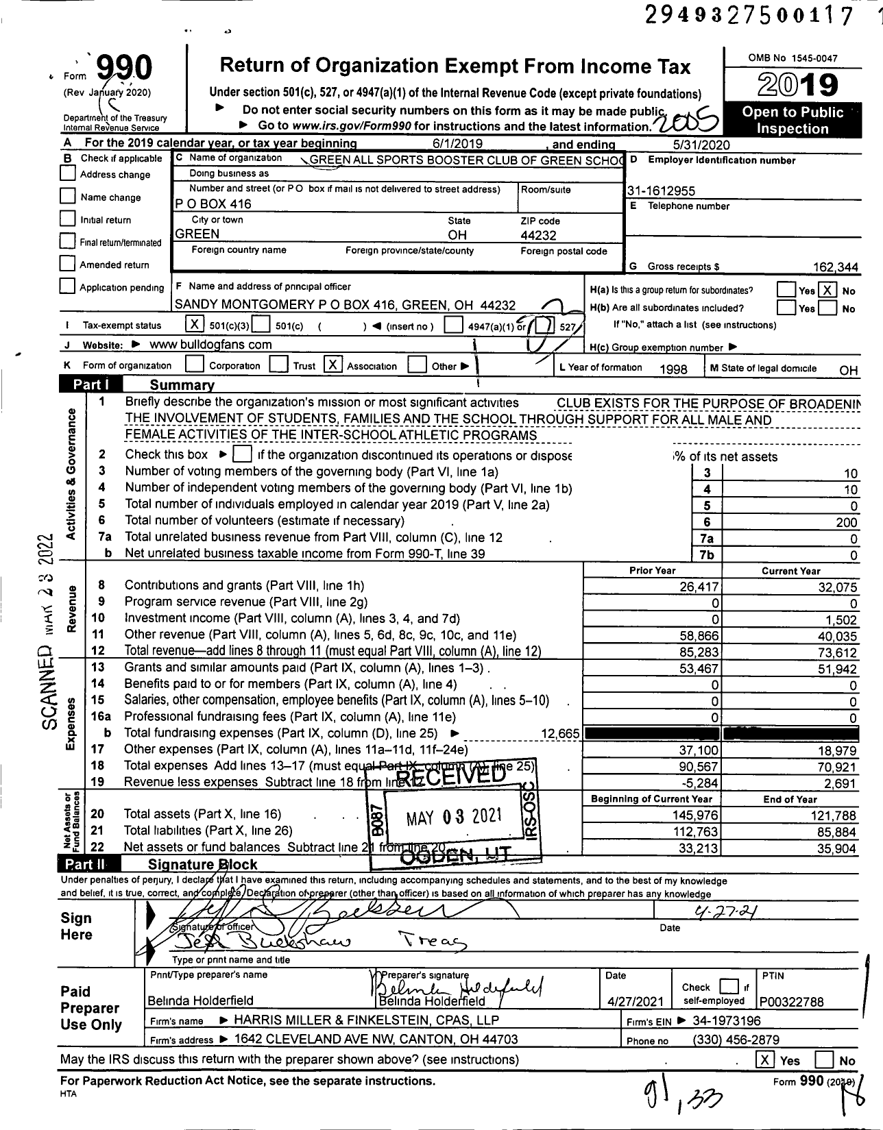 Image of first page of 2019 Form 990 for Green All Sports Booster Club of Green Schools