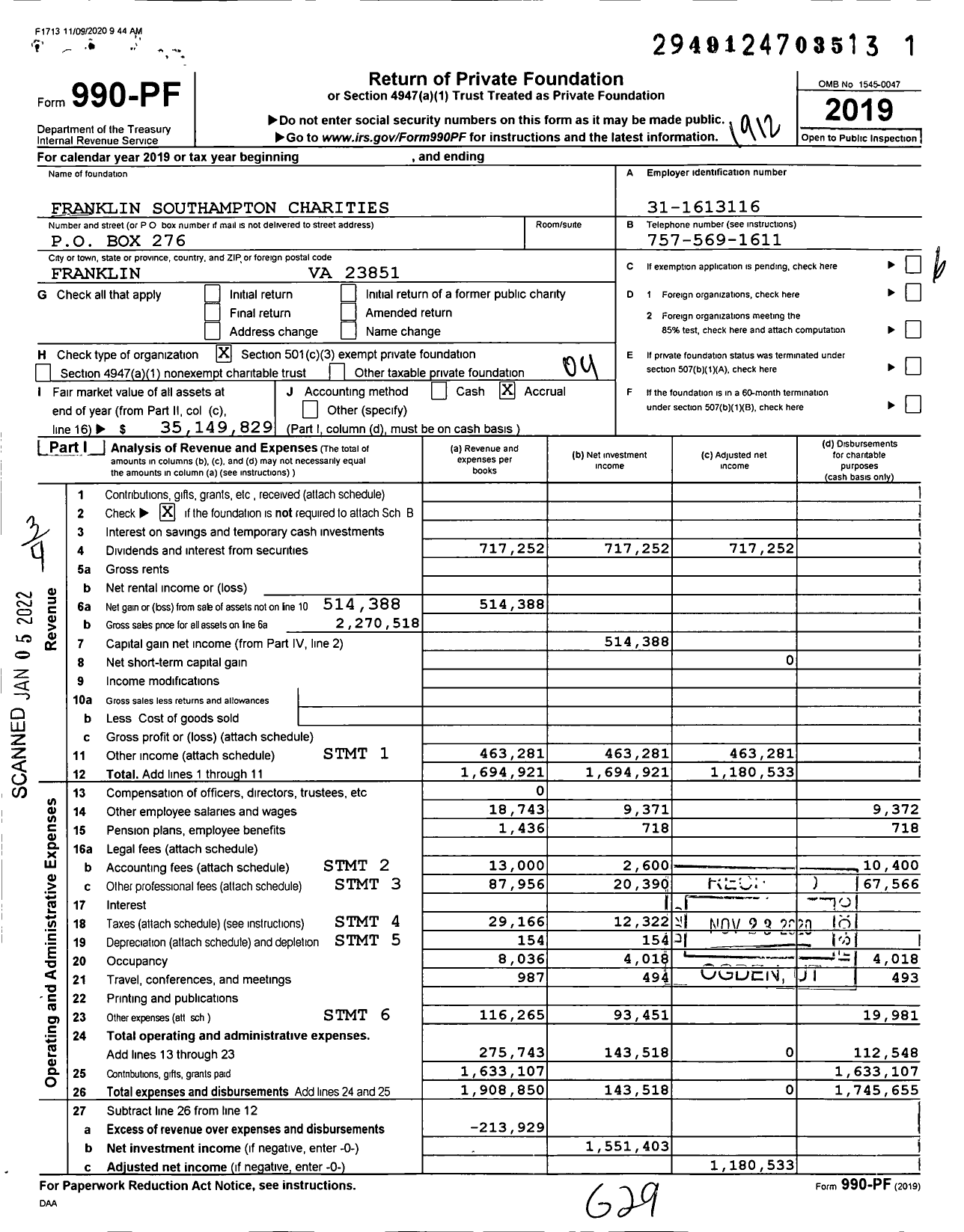 Image of first page of 2019 Form 990PF for Franklin Southampton Charities