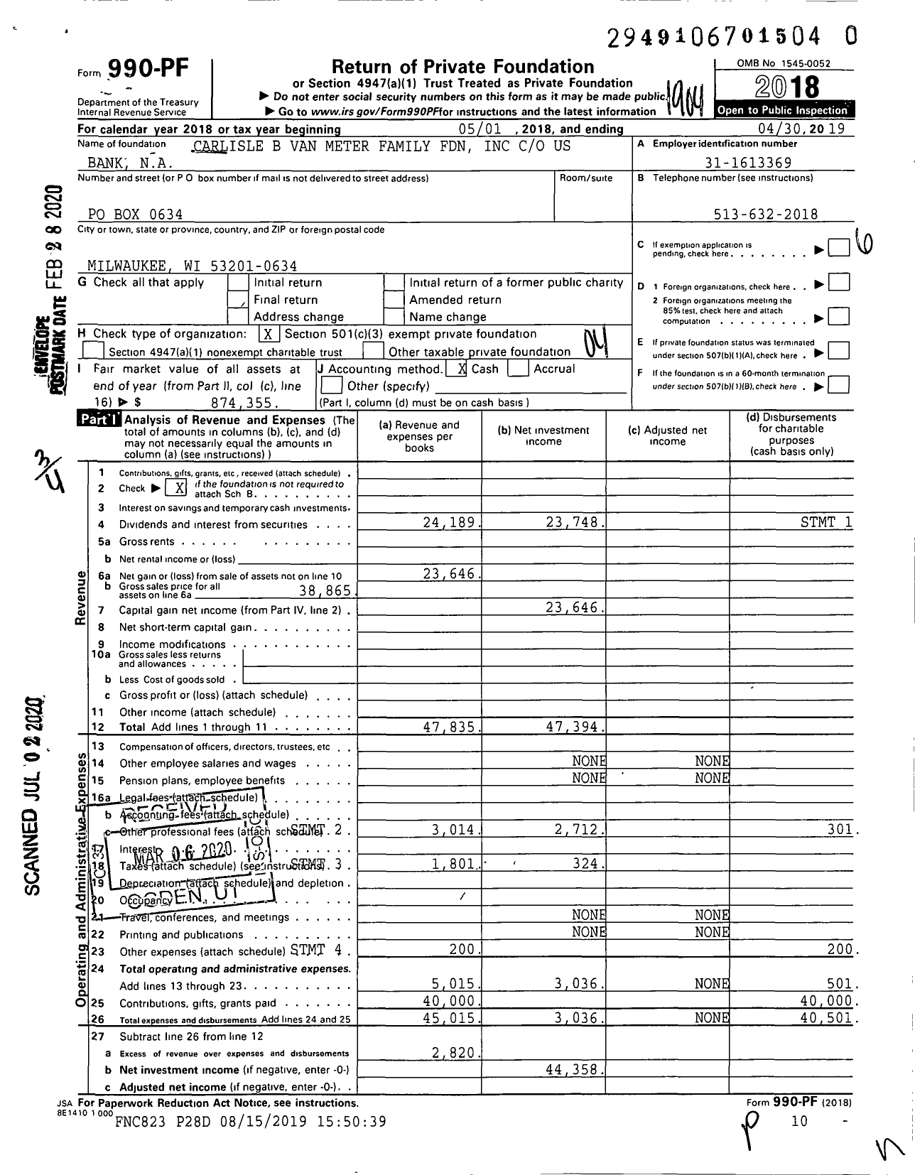 Image of first page of 2018 Form 990PR for Carlisle B Van Meter Family Foundation