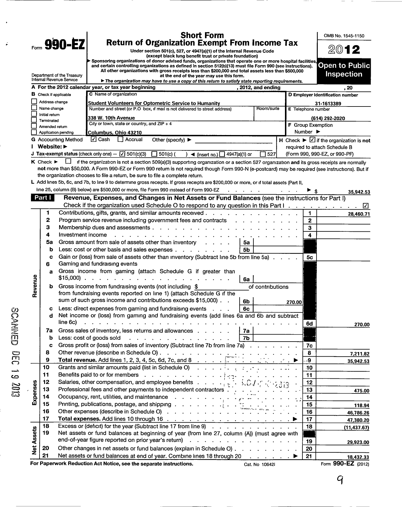 Image of first page of 2012 Form 990EZ for Student Volunteer Optometric Services To Humanity