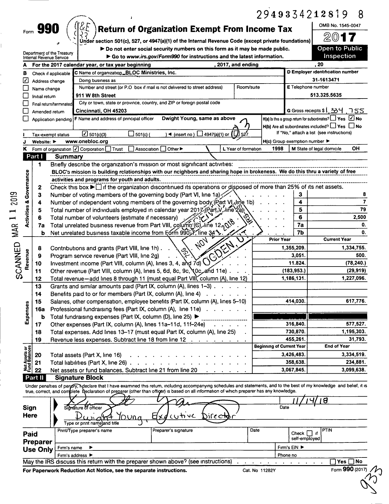 Image of first page of 2017 Form 990 for Bloc Ministries