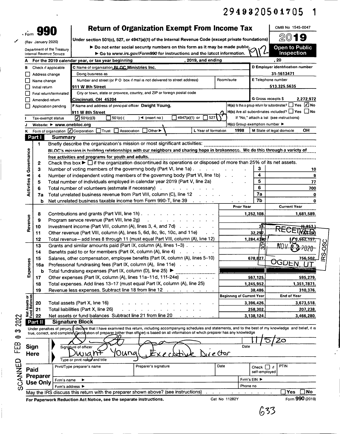 Image of first page of 2019 Form 990 for Bloc Ministries