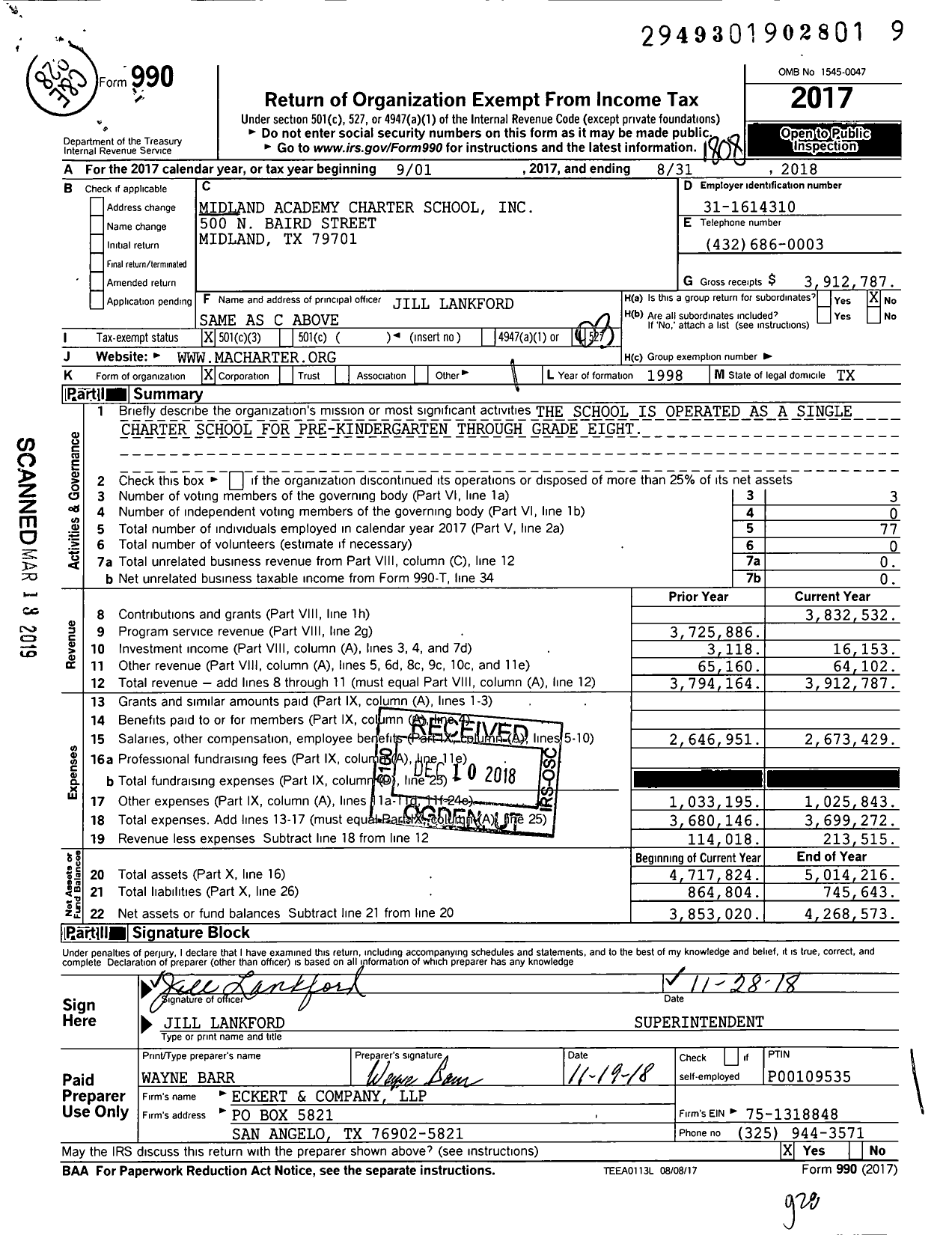 Image of first page of 2017 Form 990 for Midland Academy Charter School