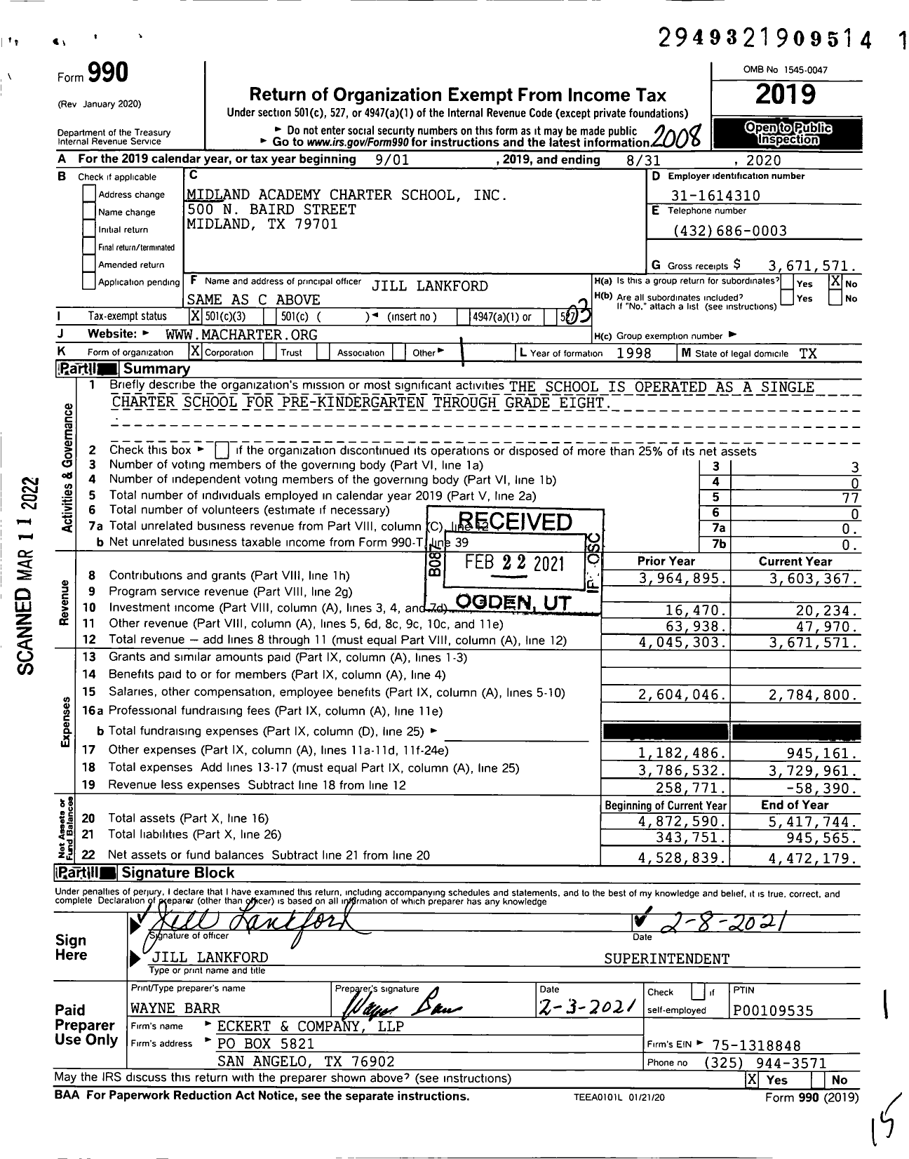 Image of first page of 2019 Form 990 for Midland Academy Charter School