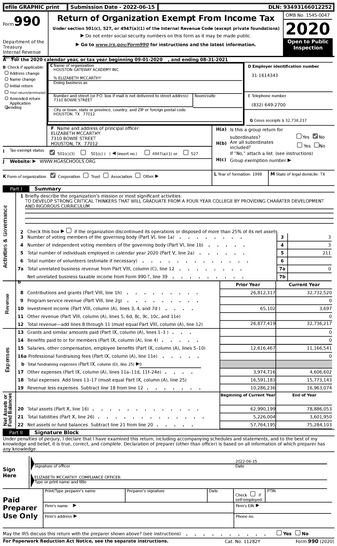 Image of first page of 2020 Form 990 for Houston Gateway Academy (HGA)