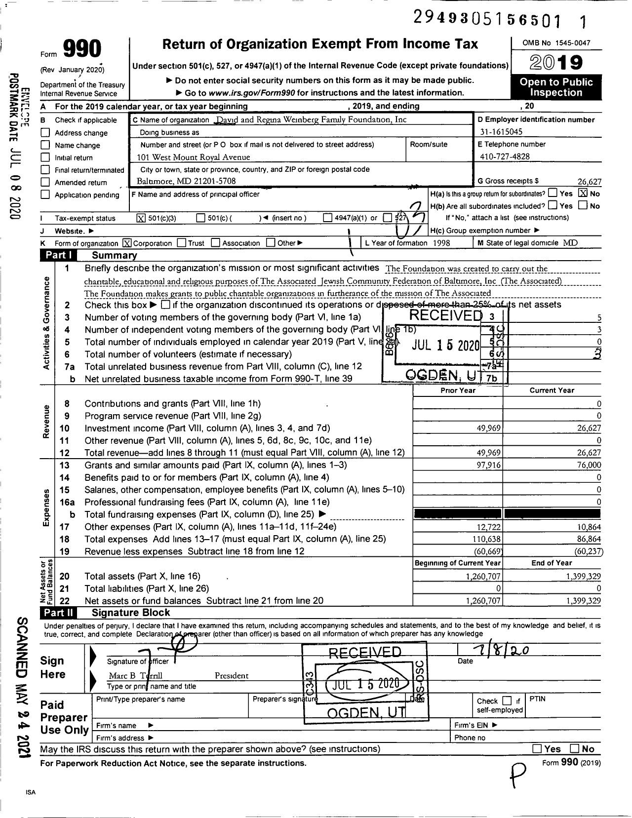 Image of first page of 2019 Form 990 for David and Regina Weinberg Family Foundation