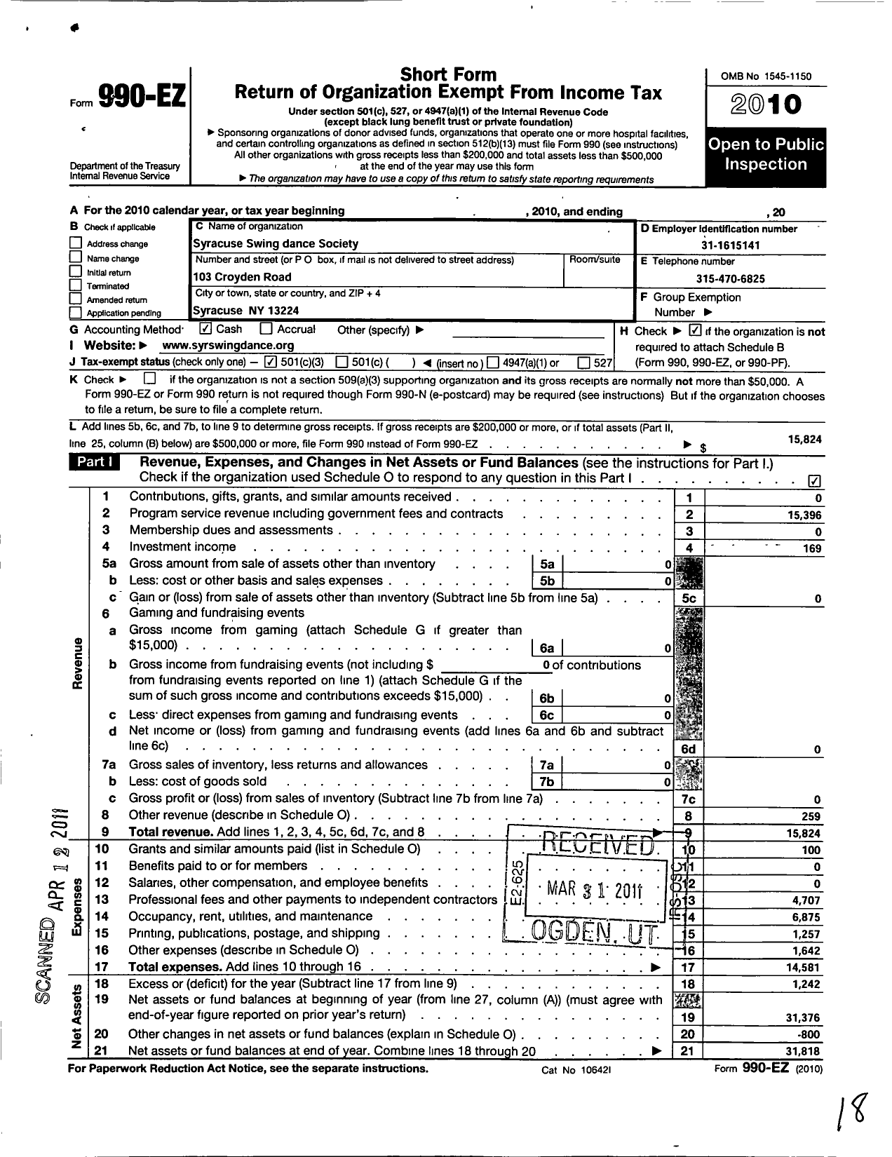 Image of first page of 2010 Form 990EZ for Syracuse Swing Dance Society