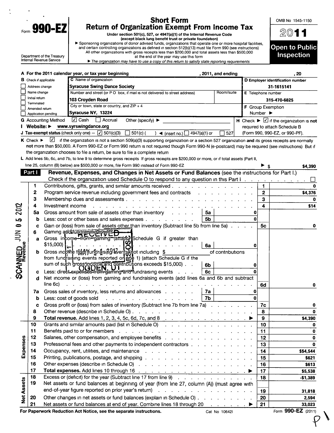 Image of first page of 2011 Form 990EZ for Syracuse Swing Dance Society