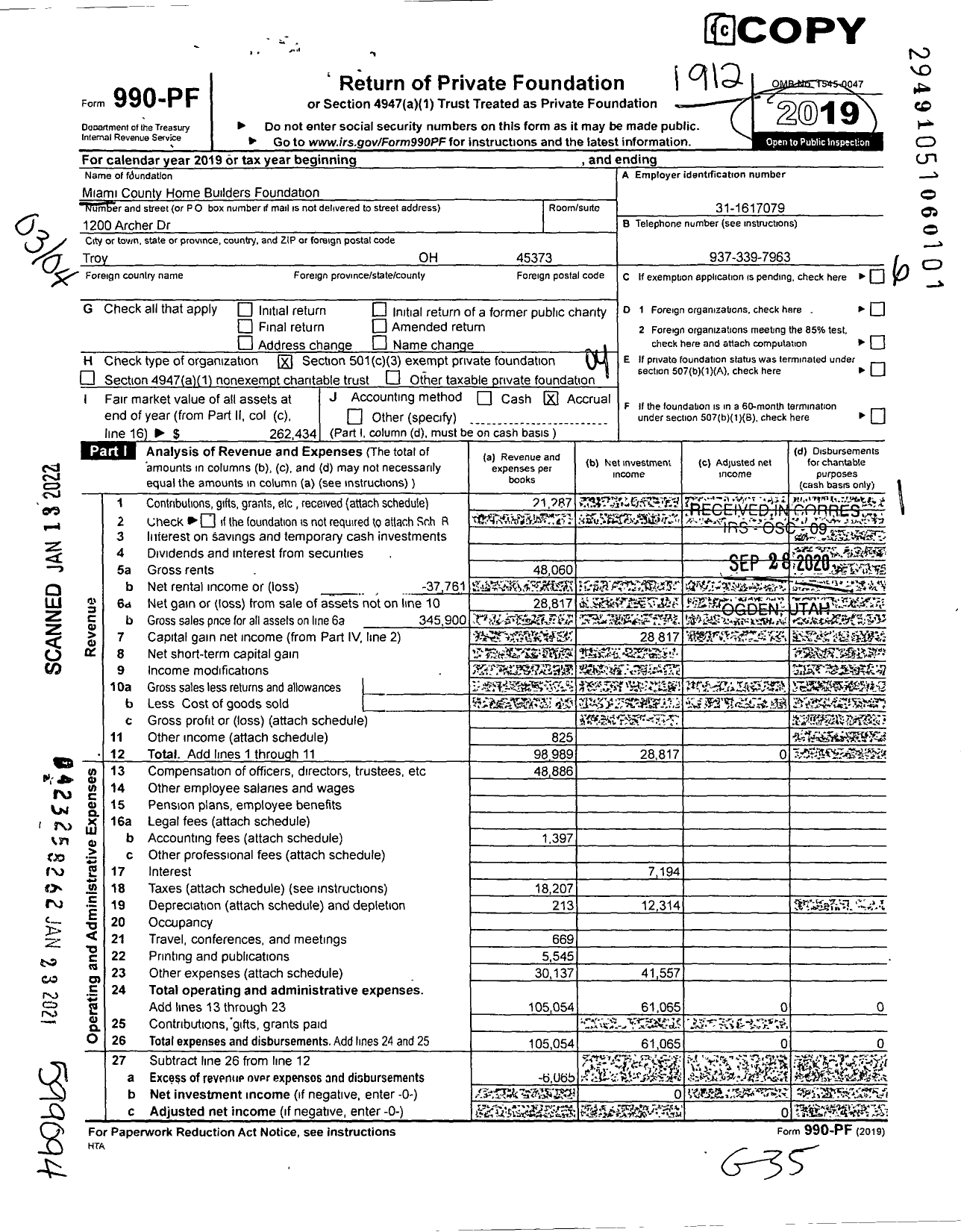 Image of first page of 2019 Form 990PF for Miami County Home Builders Foundation