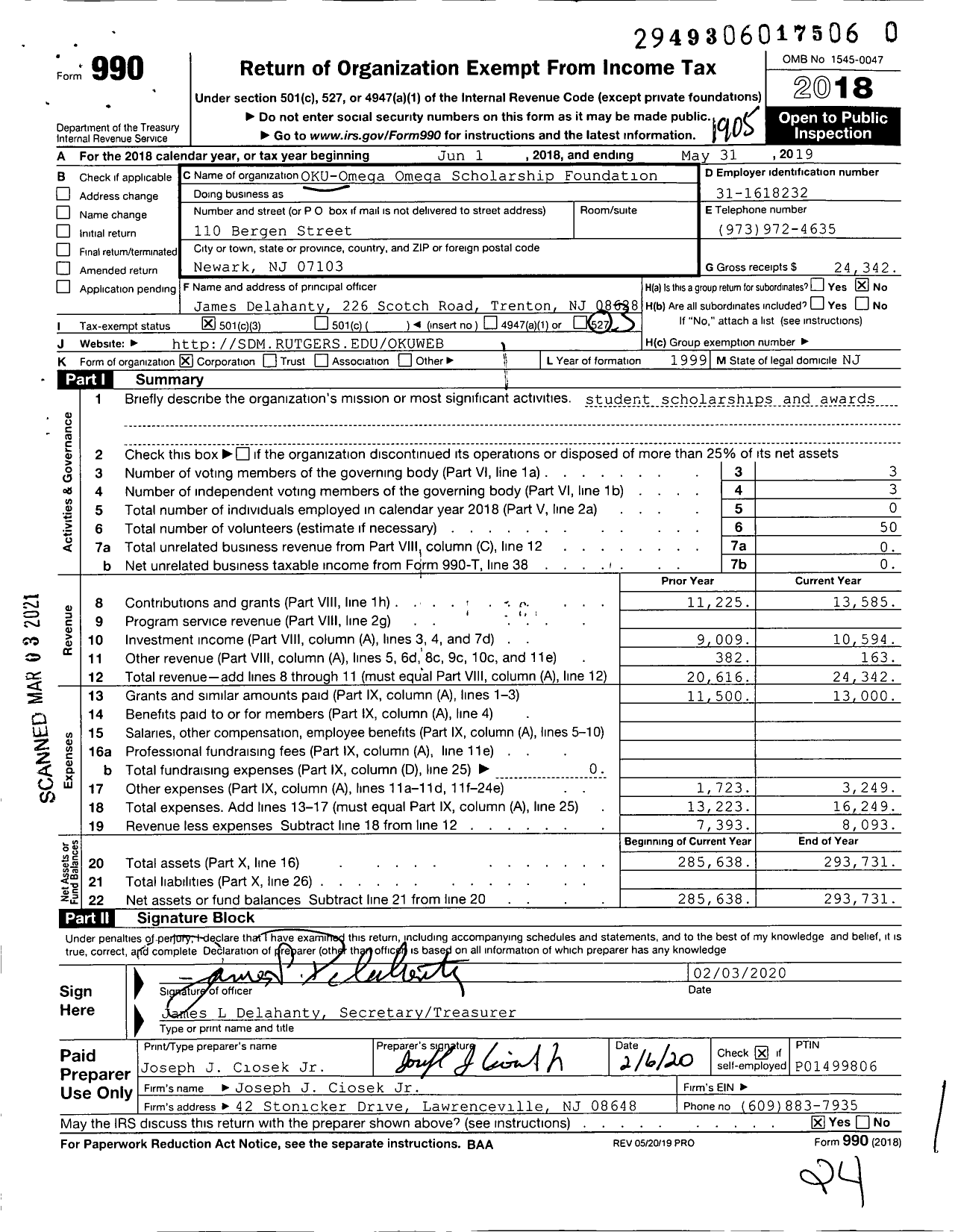 Image of first page of 2018 Form 990 for OKU-Omega Omega Scholarship Foundation