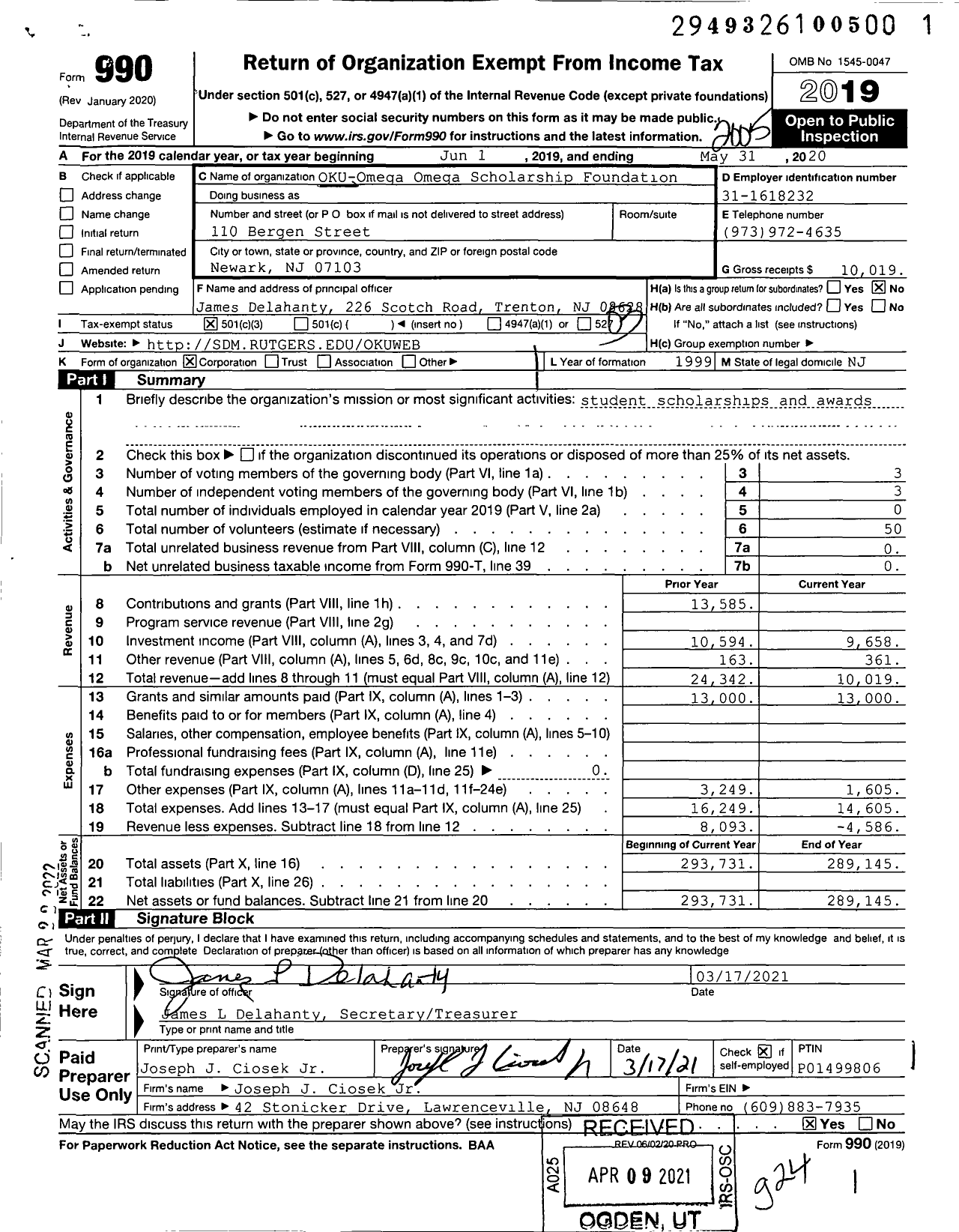 Image of first page of 2019 Form 990 for OKU-Omega Omega Scholarship Foundation