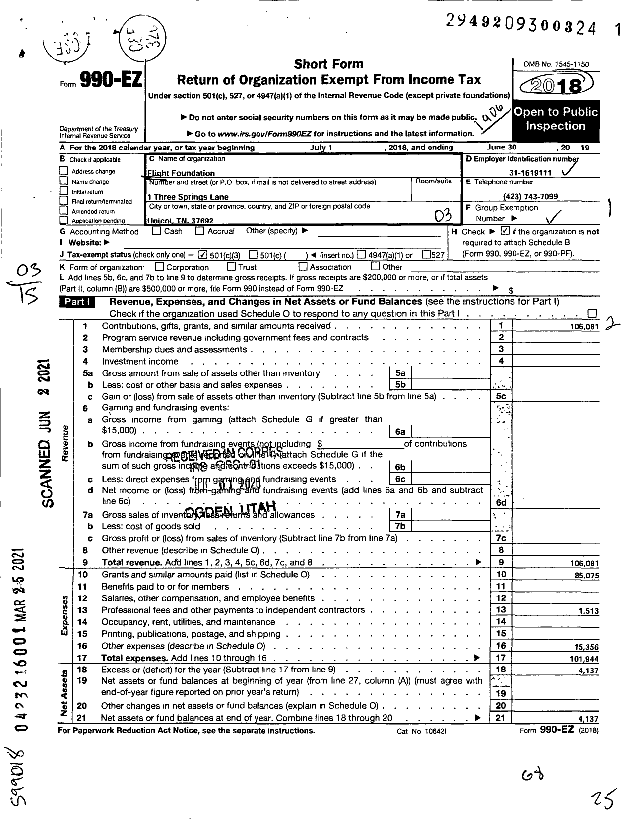 Image of first page of 2018 Form 990EZ for Flight Foundation