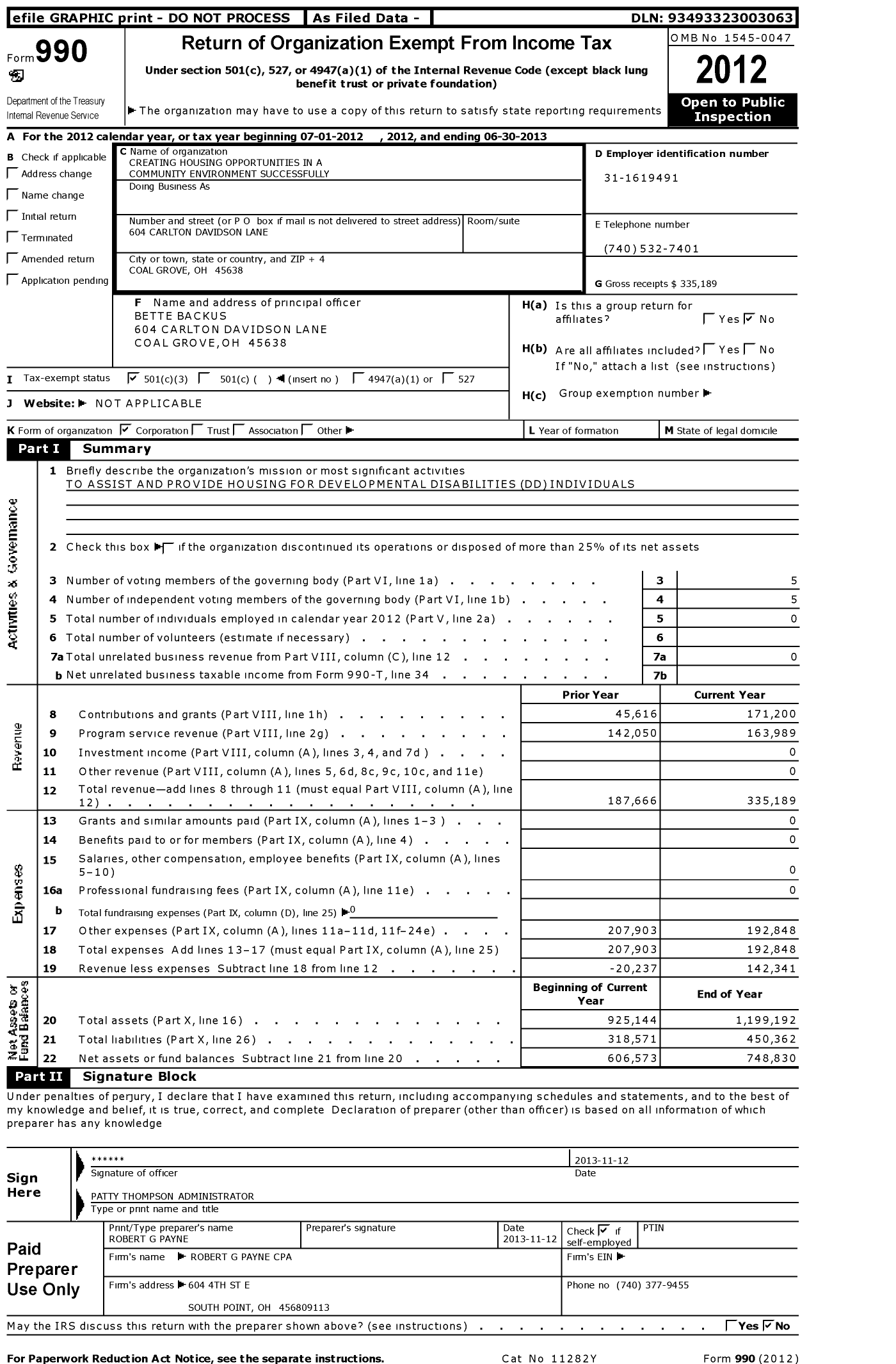 Image of first page of 2012 Form 990 for Creating Housing Opportunities In A