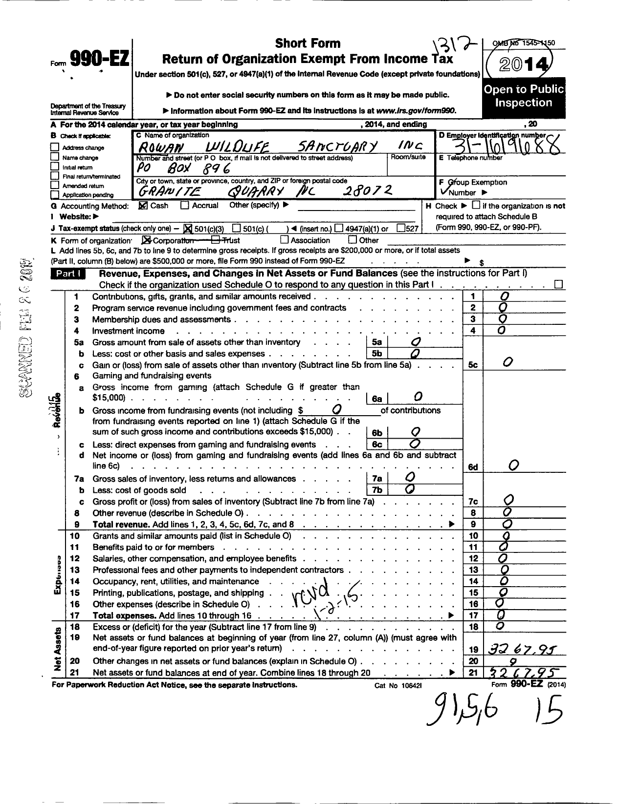 Image of first page of 2013 Form 990EZ for Rowan Wildlife Sanctuary