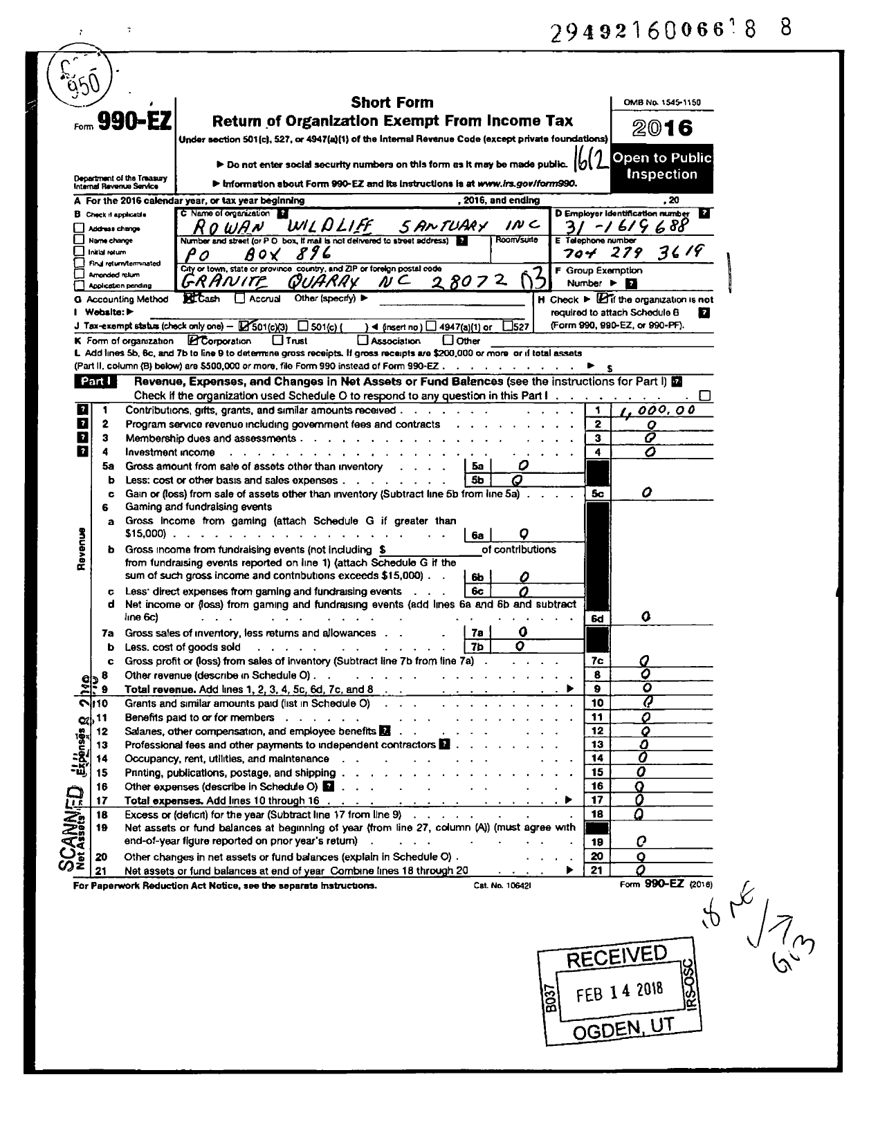 Image of first page of 2016 Form 990EZ for Rowan Wildlife Sanctuary