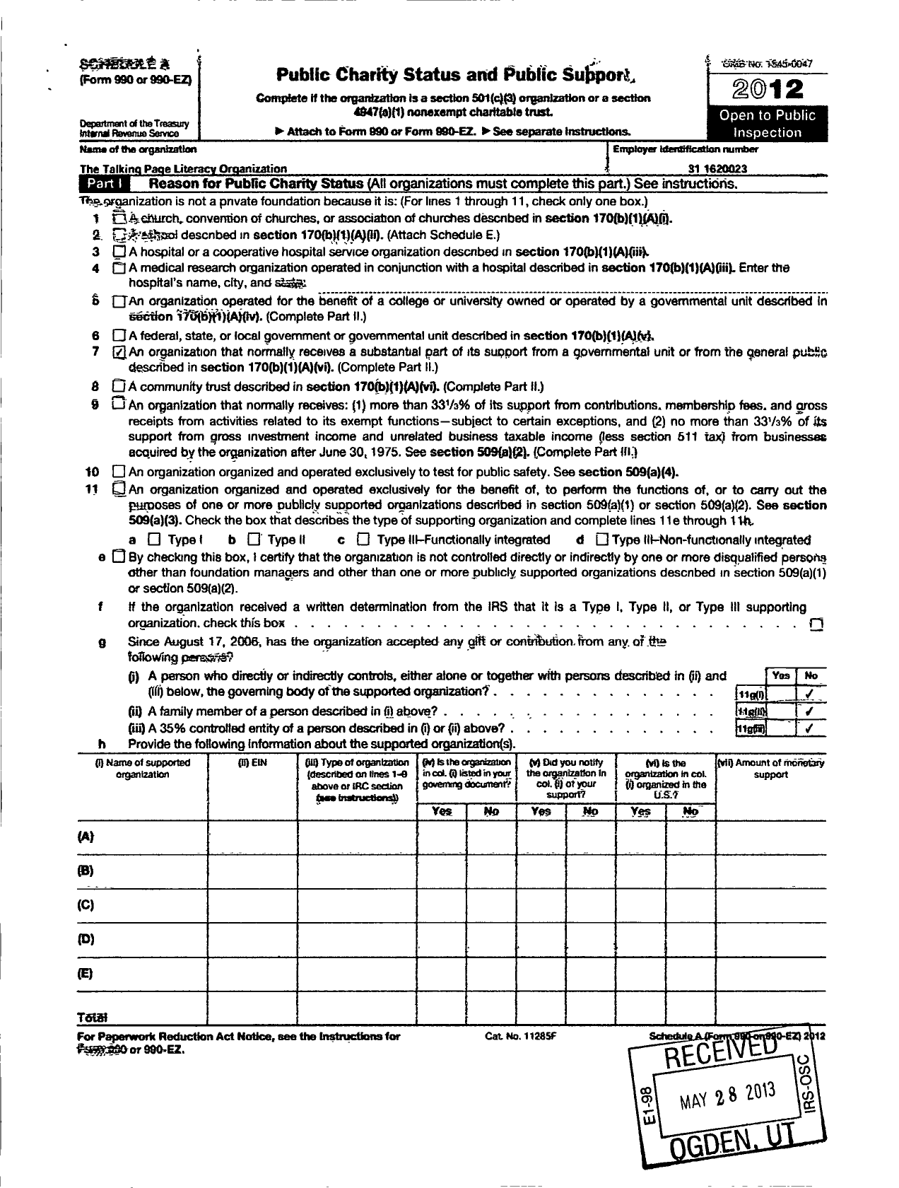 Image of first page of 2012 Form 990ER for Talking Page Literacy Organization