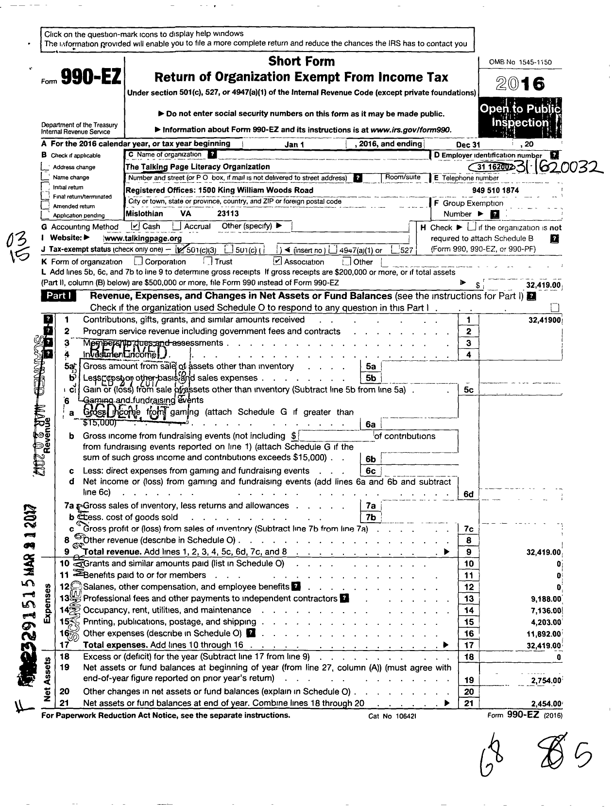 Image of first page of 2016 Form 990EZ for Talking Page Literacy Organization