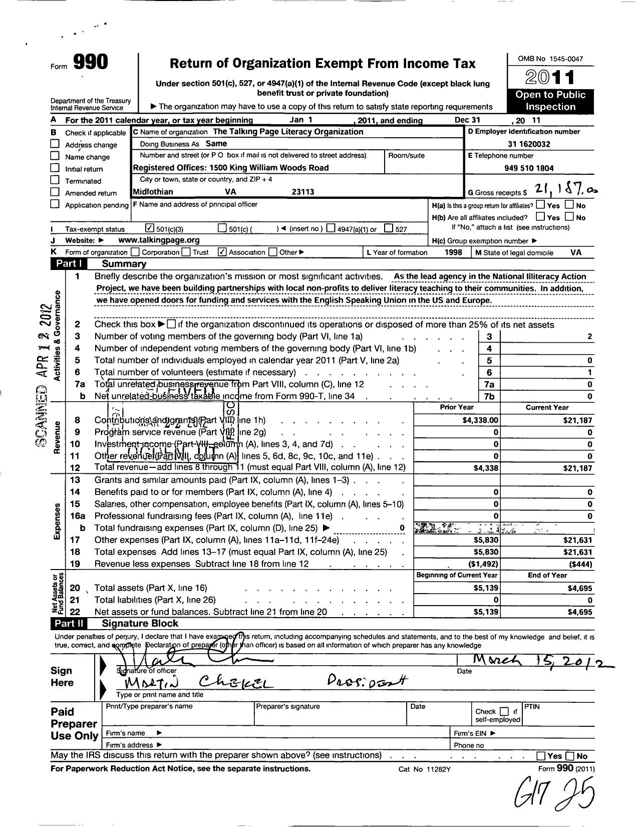 Image of first page of 2011 Form 990 for Talking Page Literacy Organization