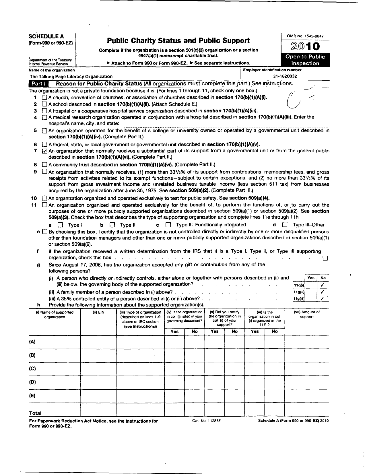 Image of first page of 2010 Form 990ER for Talking Page Literacy Organization