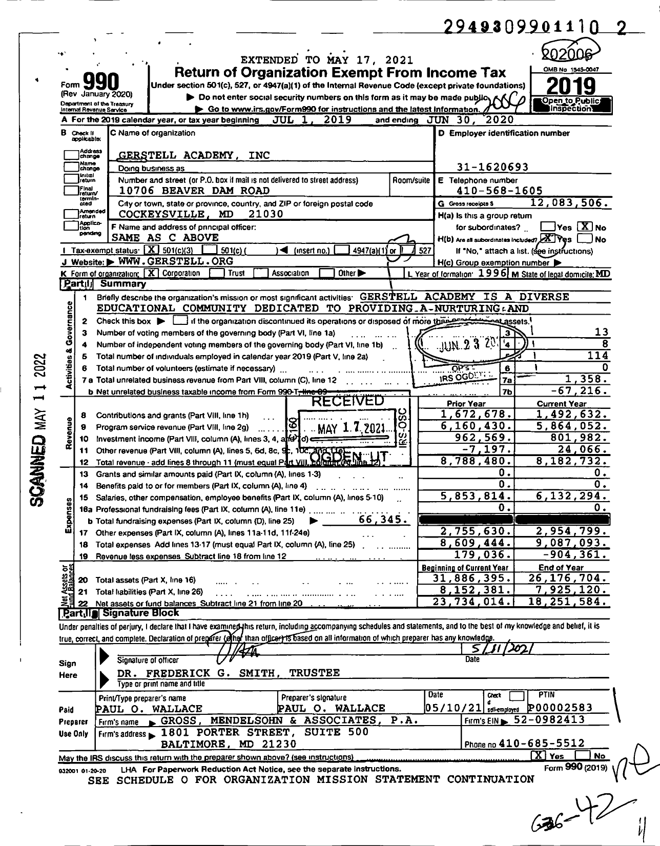Image of first page of 2019 Form 990 for Gerstell Academy (GA)