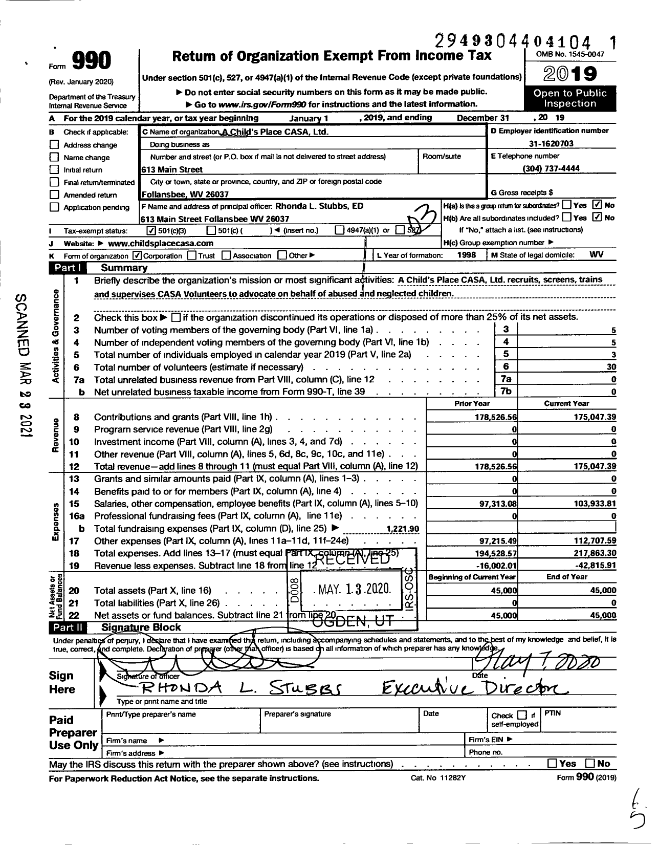 Image of first page of 2019 Form 990 for A Childs Place CASA