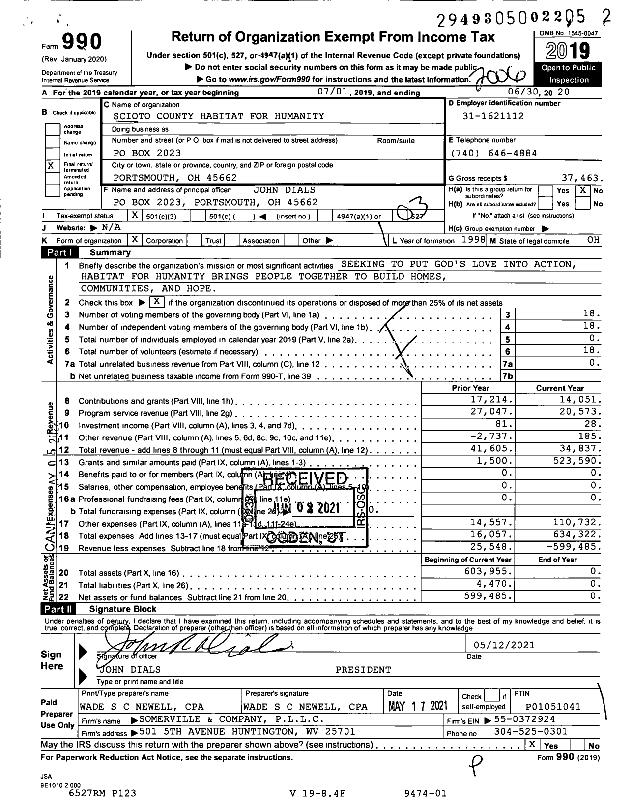 Image of first page of 2019 Form 990 for Scioto County Habitat for Humanity