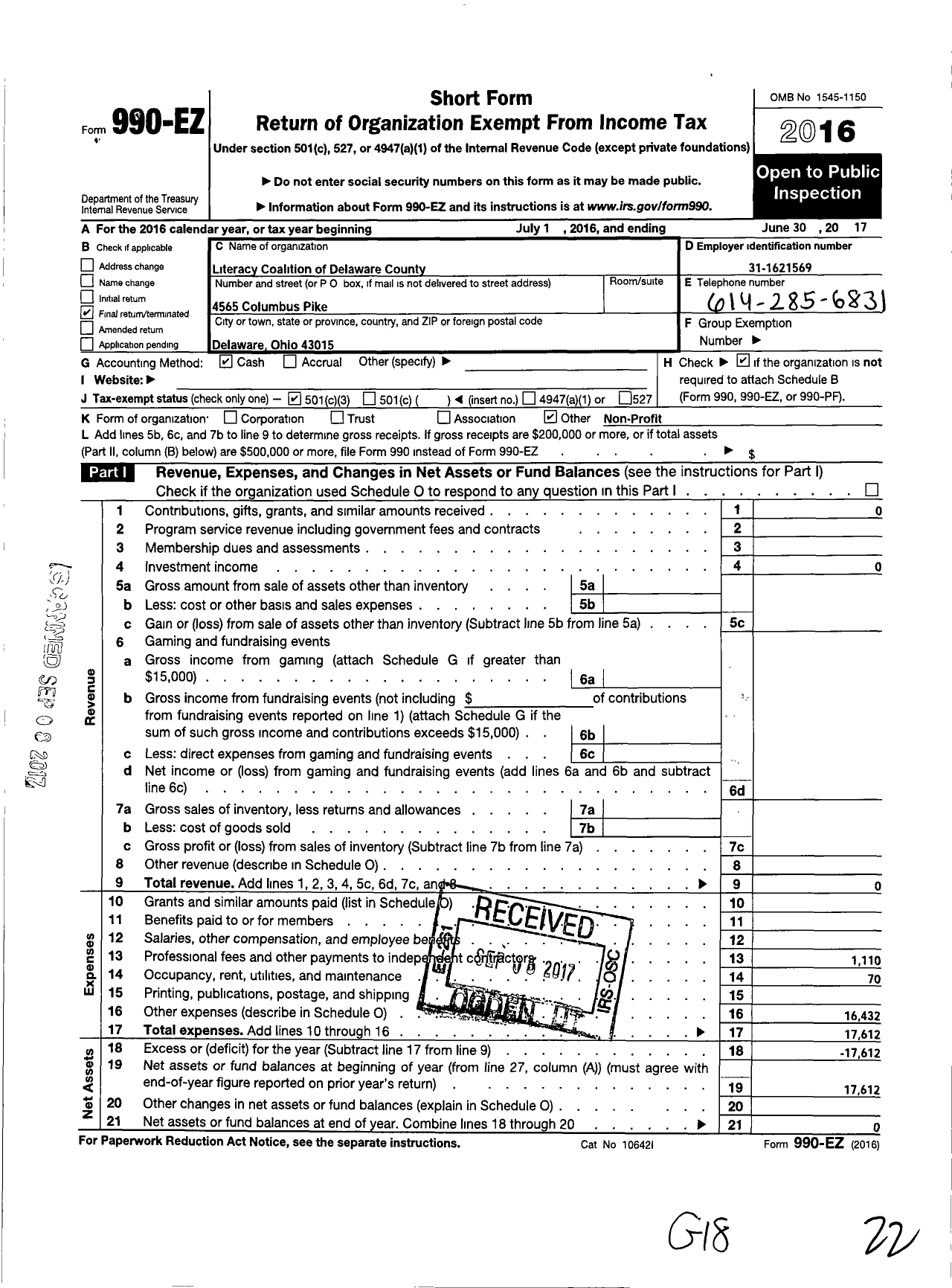 Image of first page of 2016 Form 990EZ for Literacy Coalition of Delaware County