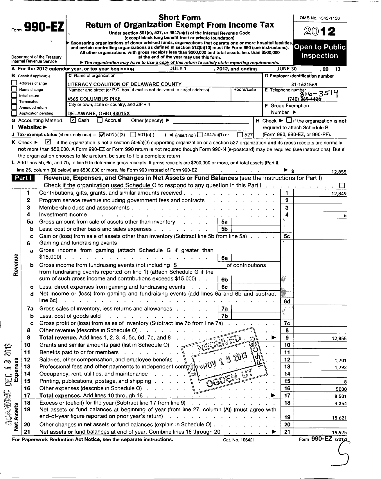 Image of first page of 2012 Form 990EZ for Literacy Coalition of Delaware County