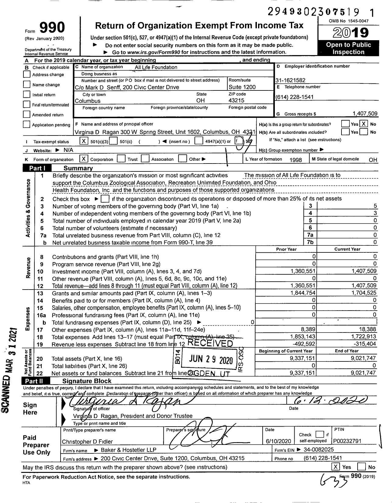 Image of first page of 2019 Form 990 for All Life Foundation