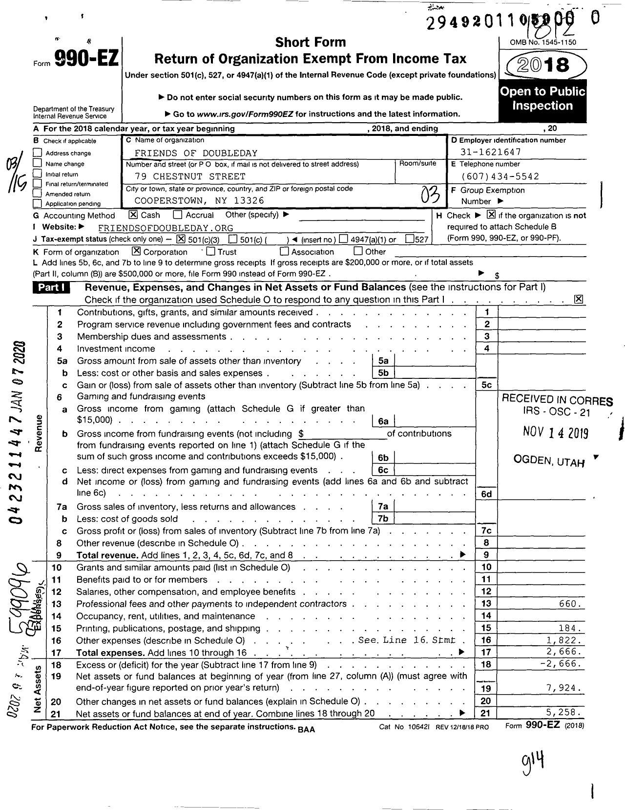 Image of first page of 2018 Form 990EZ for Friends of Doubleday