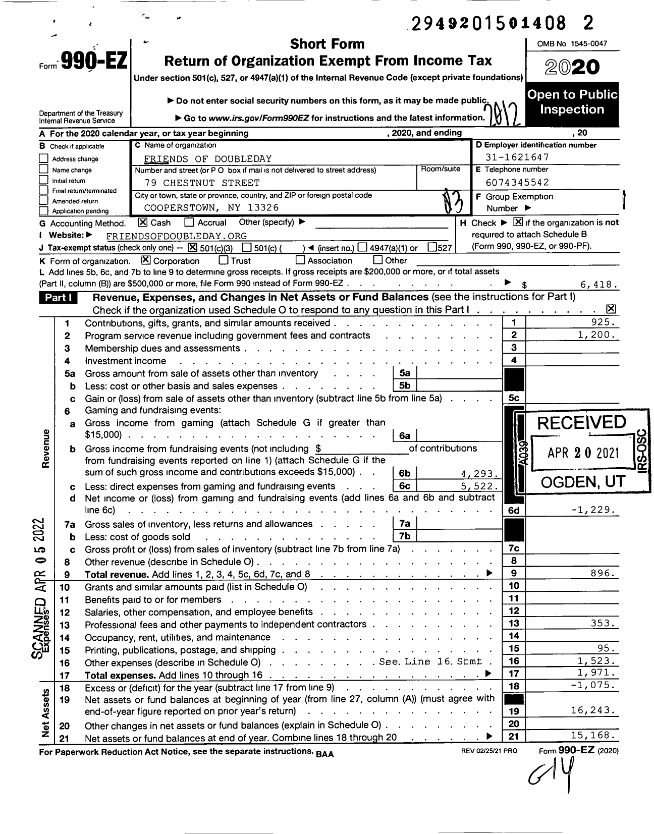 Image of first page of 2020 Form 990EZ for Friends of Doubleday