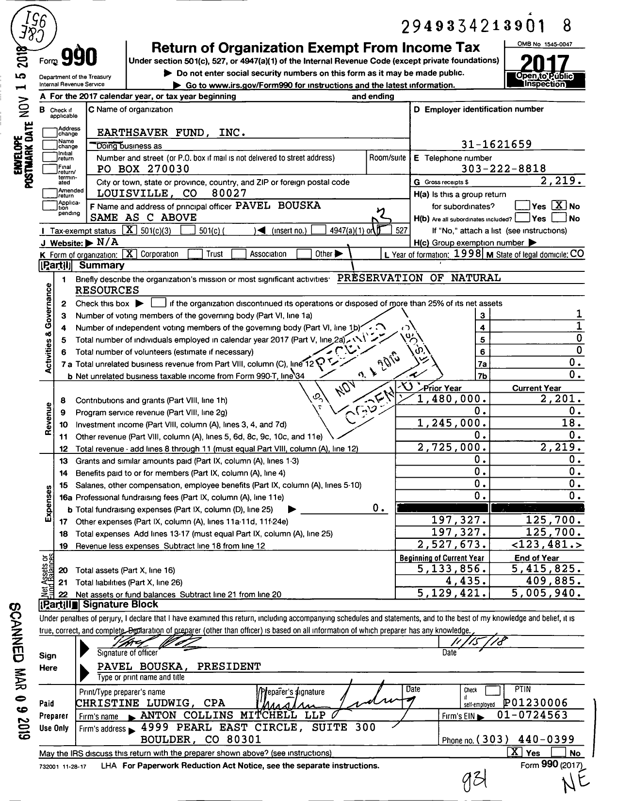 Image of first page of 2017 Form 990 for Earthsaver Fund