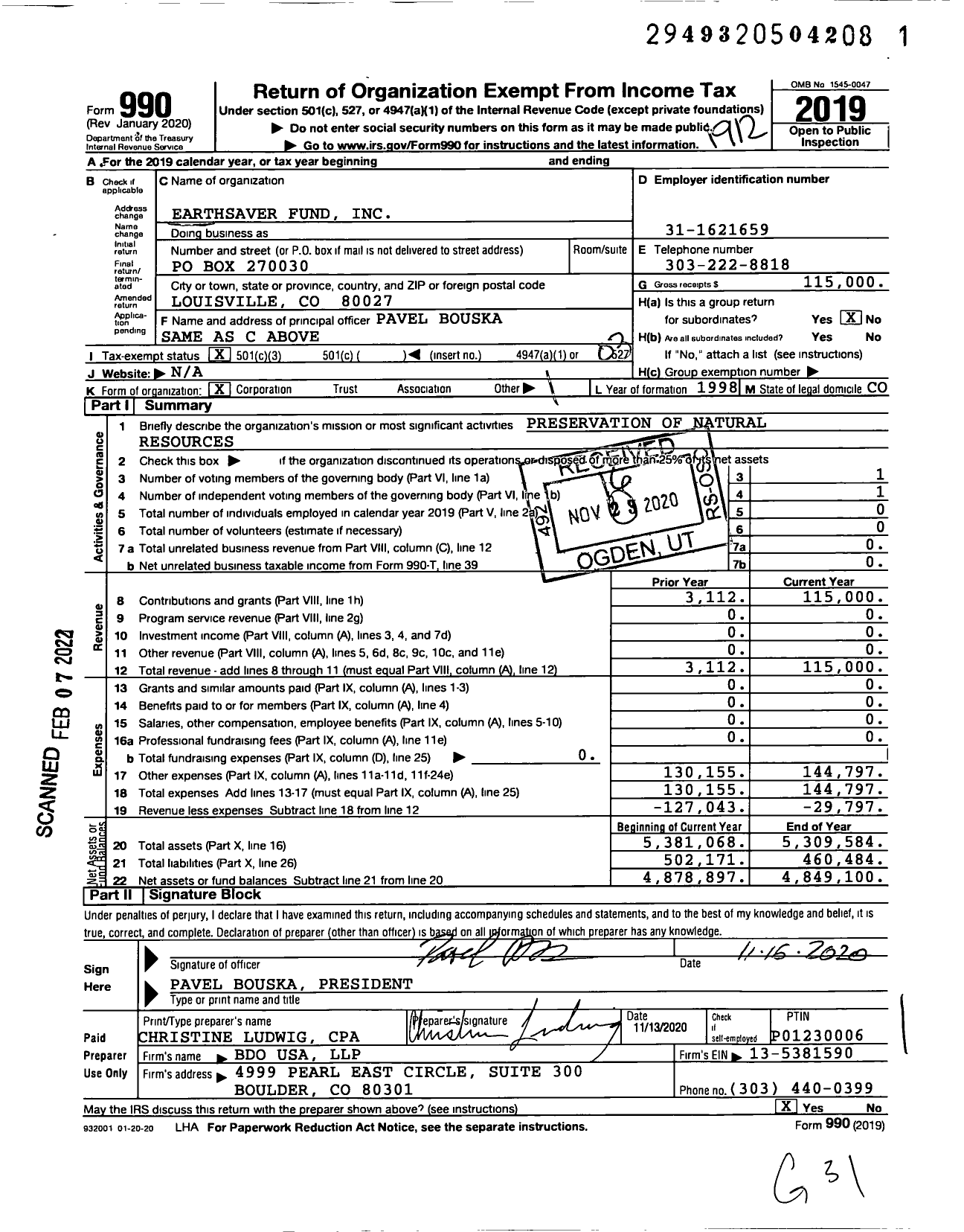 Image of first page of 2019 Form 990 for Earthsaver Fund